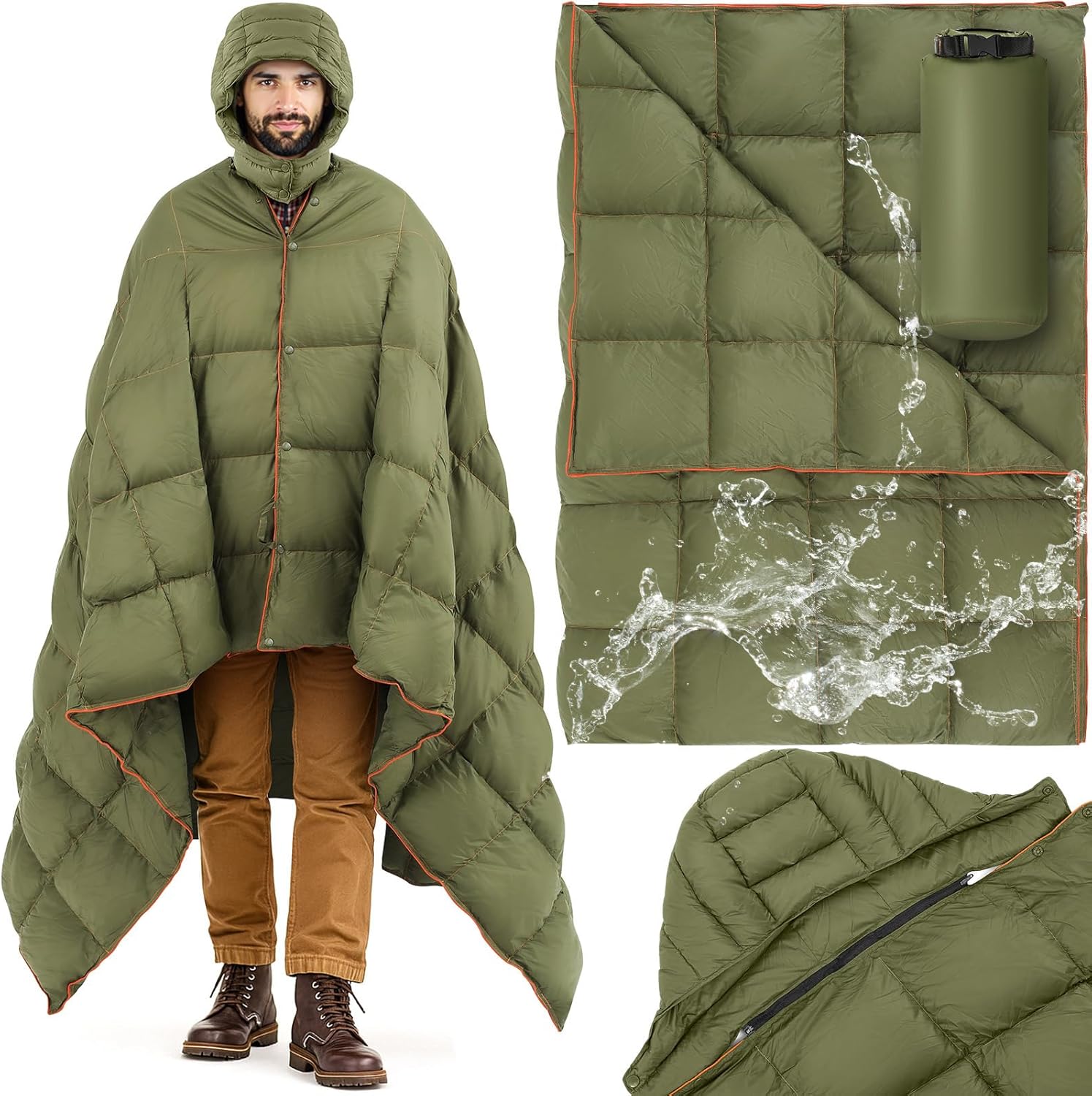 Upgraded Hooded Down Camping Blanket Waterproof 650 Fill Puffy Poncho Blanket 77" x 50" Packable Wearable Sleeping Bag with Detachable Hat Outdoor Stadium Camping, 1.36 lb(Olive Green)