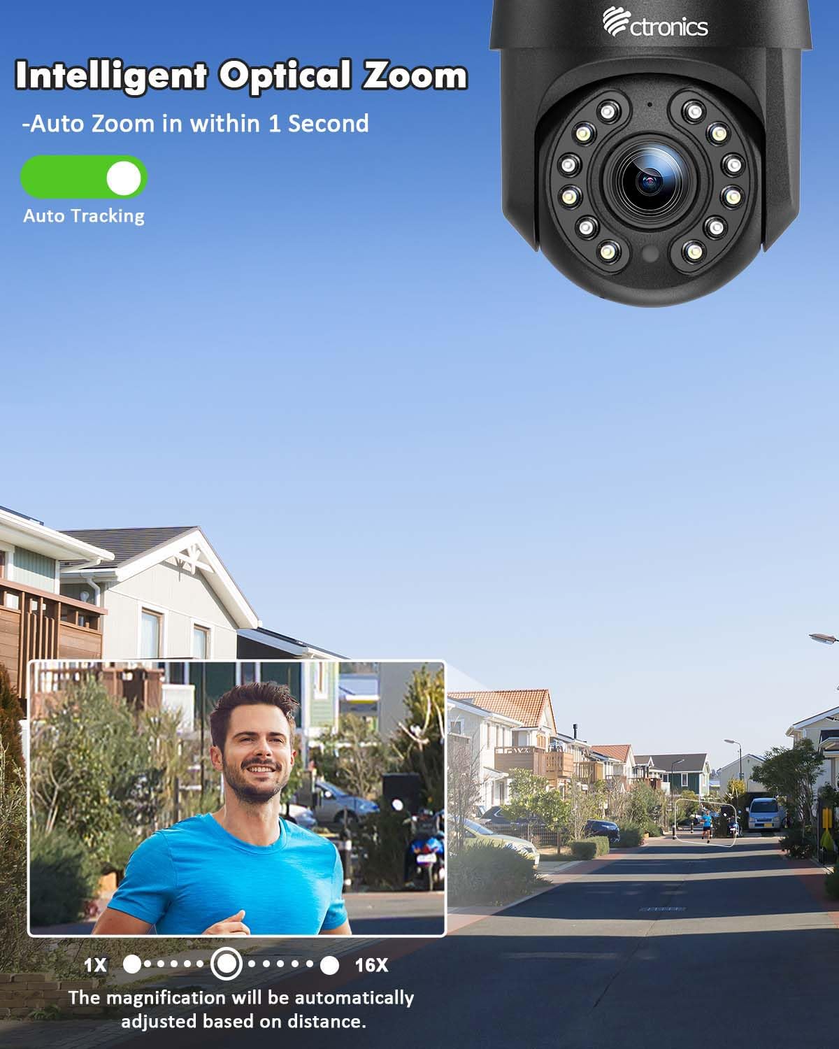 Ctronics 4K 8MP 16X Zoom Óptico Cámara Vigilancia WiFi Exterior 5Ghz/2.4Ghz | PTZ IP Cámara con Auto Crucero/Seguimiento/Zoom Detección de Personas/Vehículos/Mascotas,Visión Nocturna 60m (Negro)