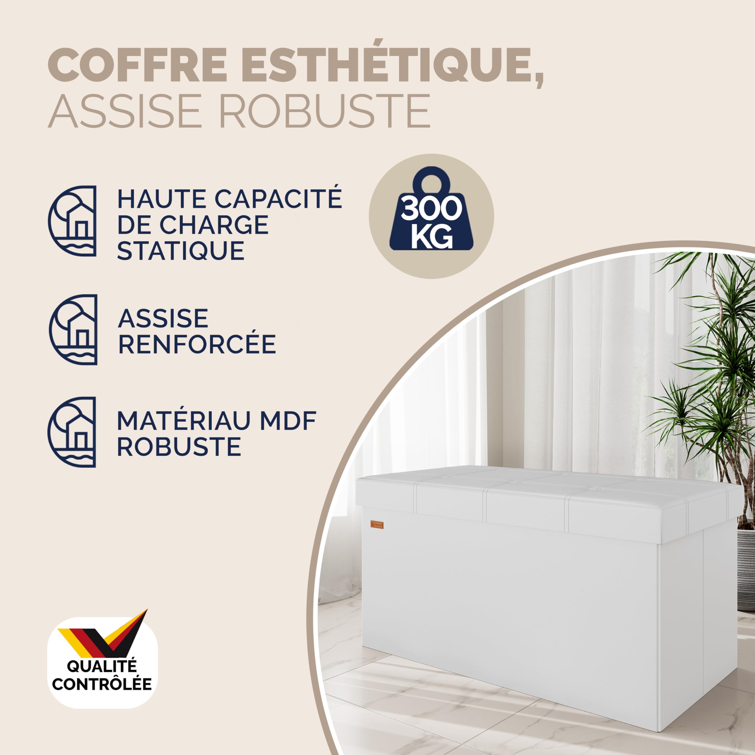 Casaria® Banc de Rangement Blanc 80 x 40 x 40 cm Siège Coffre de Rangement Pliable 100L pour Salon Chambre Couloir