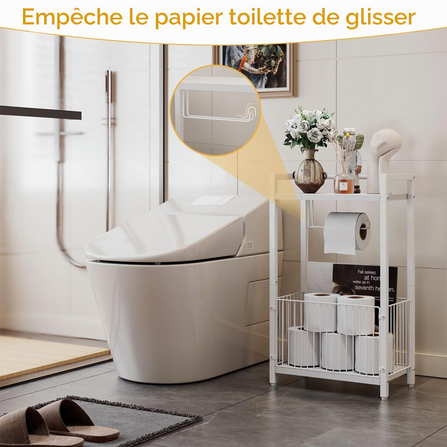 IBUYKE Porte Rouleau de Papier Toilette Autoportant avec Étagères – Idéal pour Papier Toilette, Téléphone, Lingettes Humides – Étagère Étroite pour Salle de Bain, Salon, Cuisine TLJ020W
