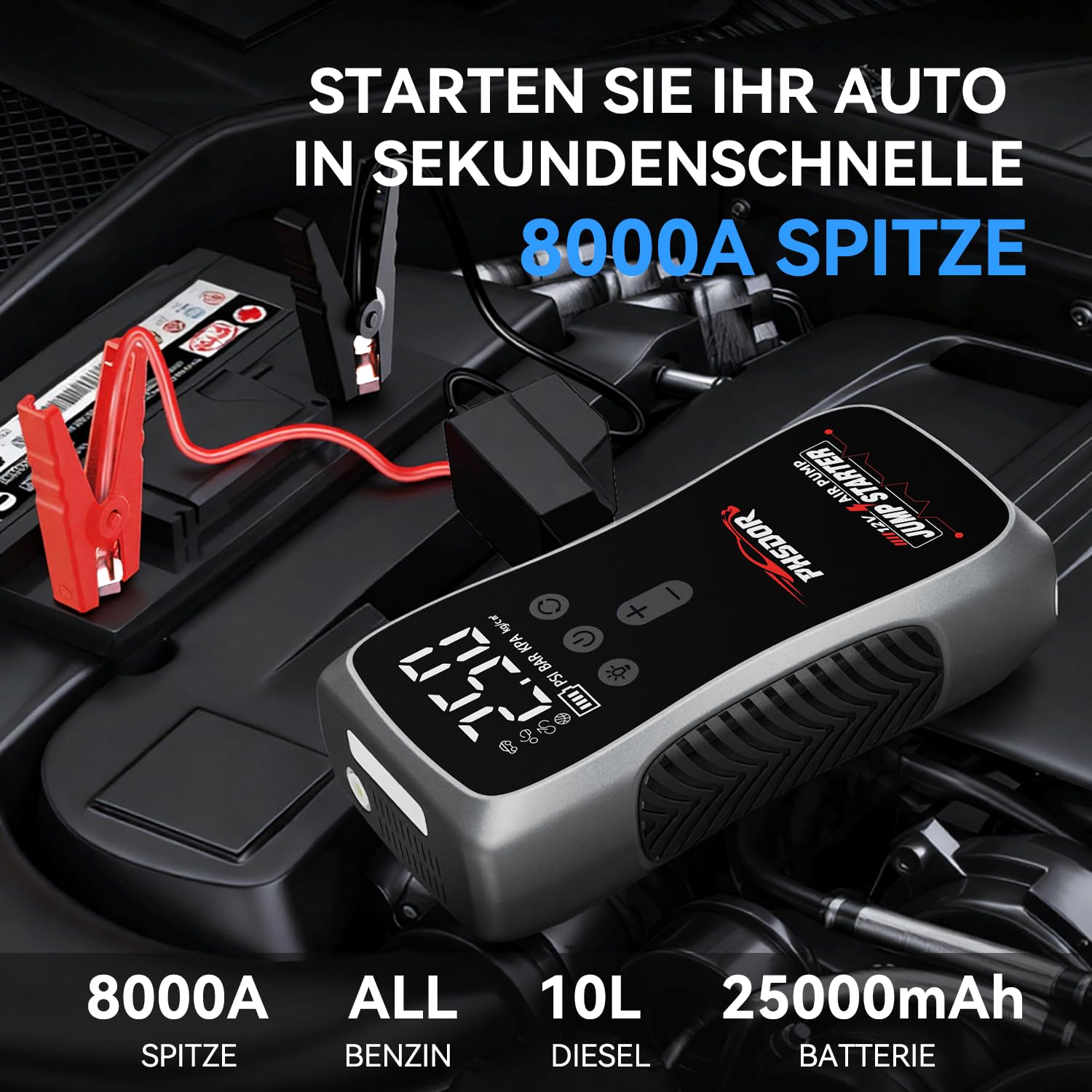 8000A Starthilfe Powerbank für Pkw mit Kompressor 150PSI, 25000mAh Auto Starthilfe Powerbank (Bis Zu All Benzin Oder 10,0L Diesel), Jump Starter Auto mit LED Taschenlampe, Batterie Booster 12V