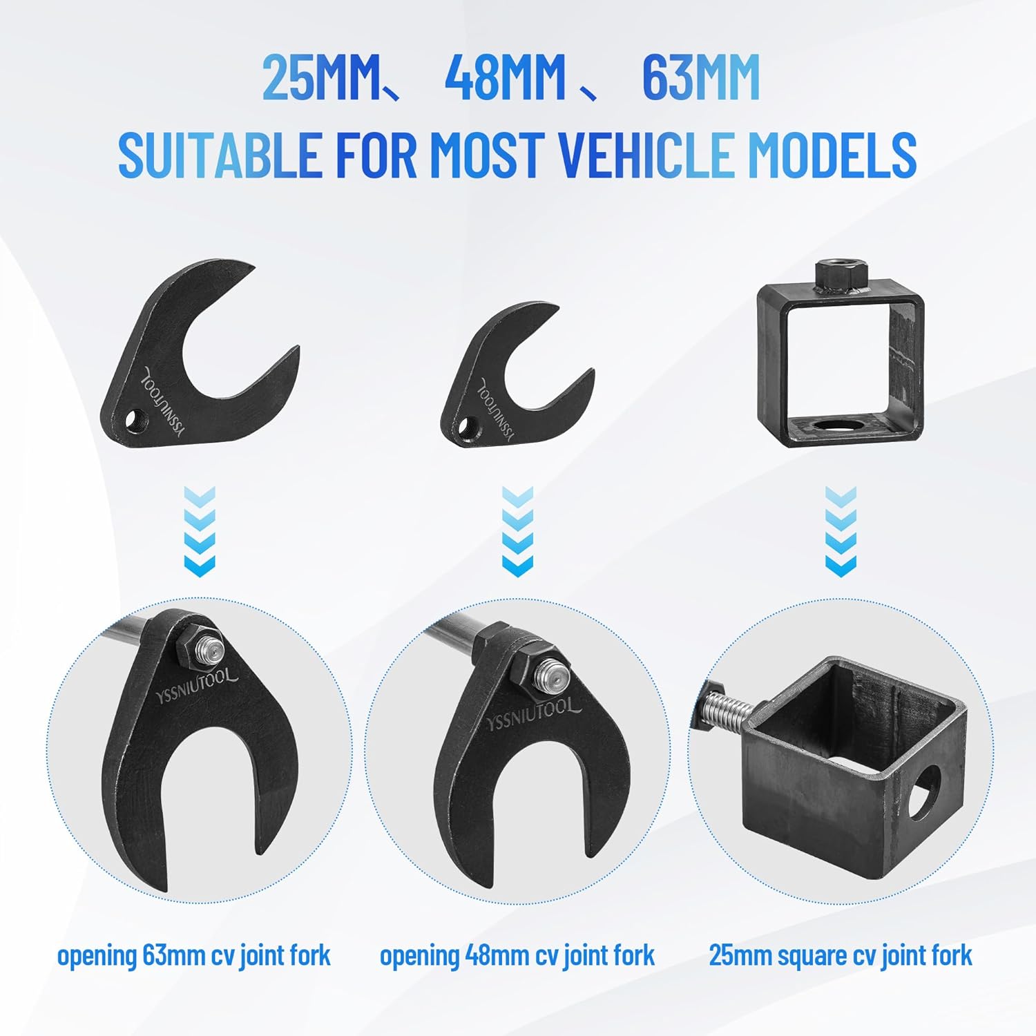 CV Axle Puller Tool, master CV joint puller set 63mm 48mm CV Joint Fork, CV Axle Removal Tool,Outer CV Joint Adapter Steel Cable Adapter,7 hole ball cage universal removal tool,Slide Hammer Extension