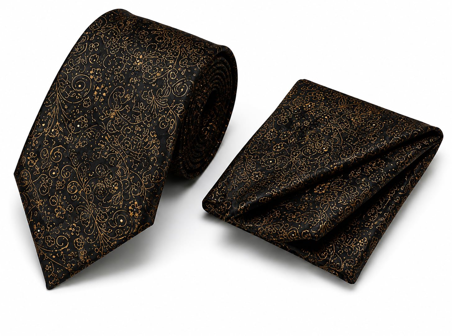 Men's Black & Gold Floral Tie and Pocket Square Set-image-7