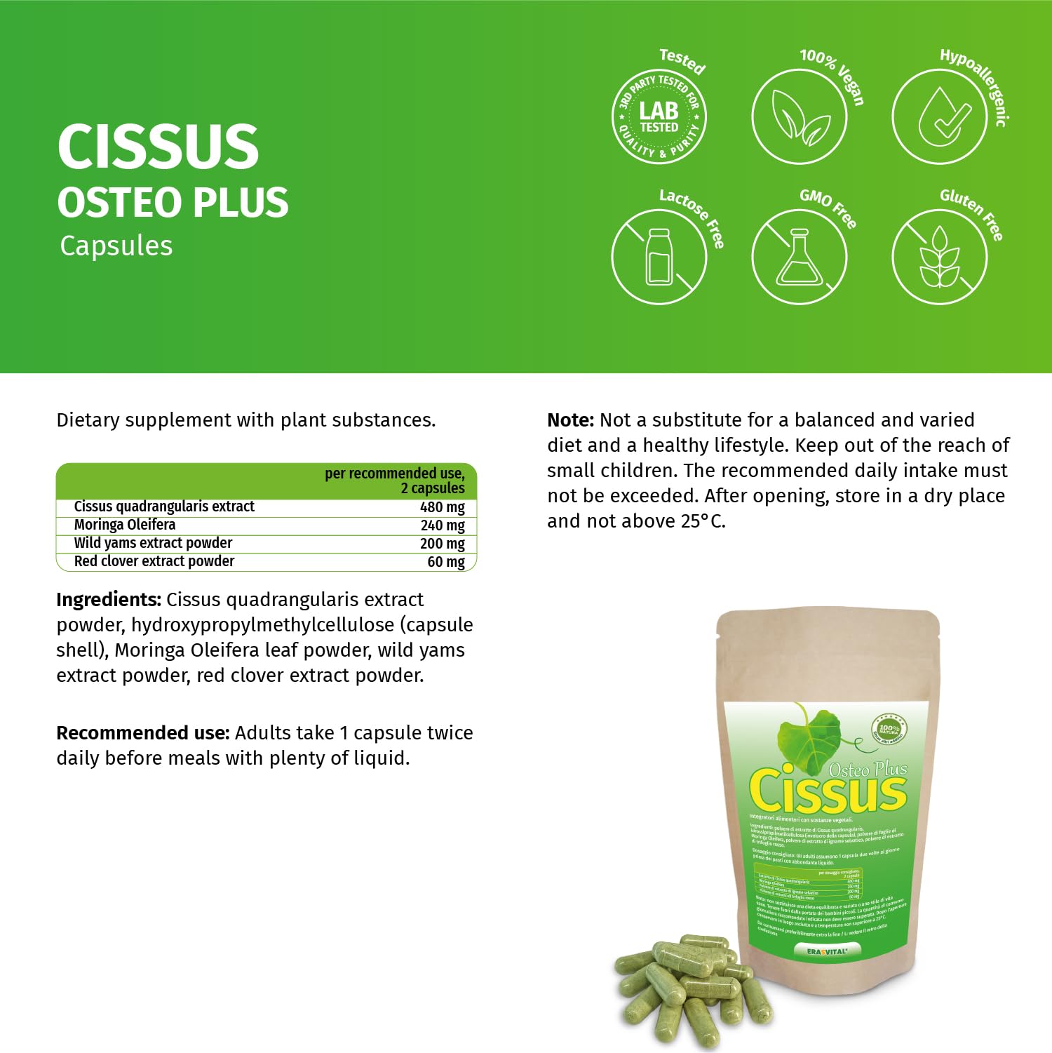 Cissus Quadrangularis Extrakt 60 Kapseln hochdosiert mit wichtigen Begleitern wie Moringa Oleifera, Wild Yams Extrakt und Rotklee Extrakt, die Knochenkraft unterstützen.