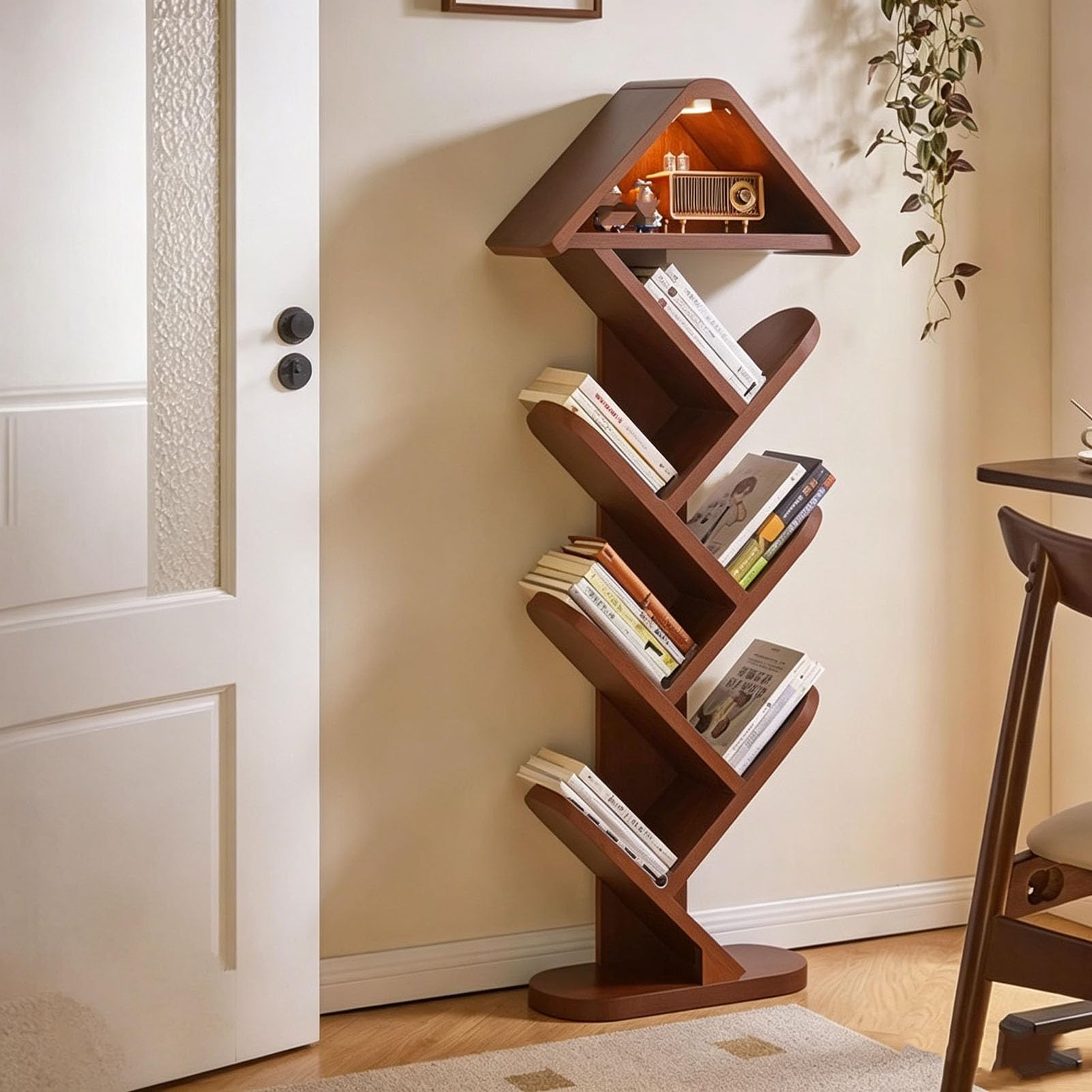 Librería de madera infantil estantería estrecha de esquina con 4 niveles para habitación