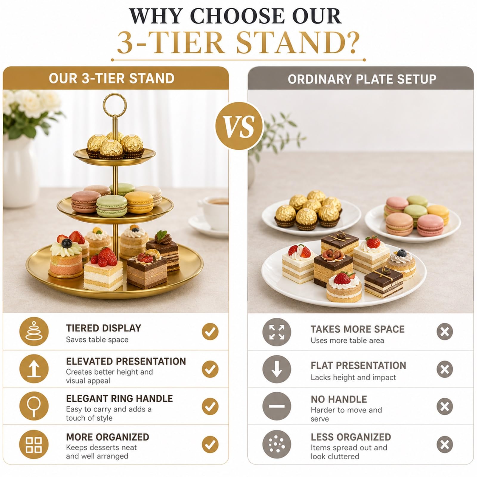 ABuff Confezione da 2 alzate per cupcake a 3 ripiani in metallo dorato, a torre per cupcake, supporto per torte, pasticceria, dessert, per baby shower, feste di compleanno, matrimoni (acciaio