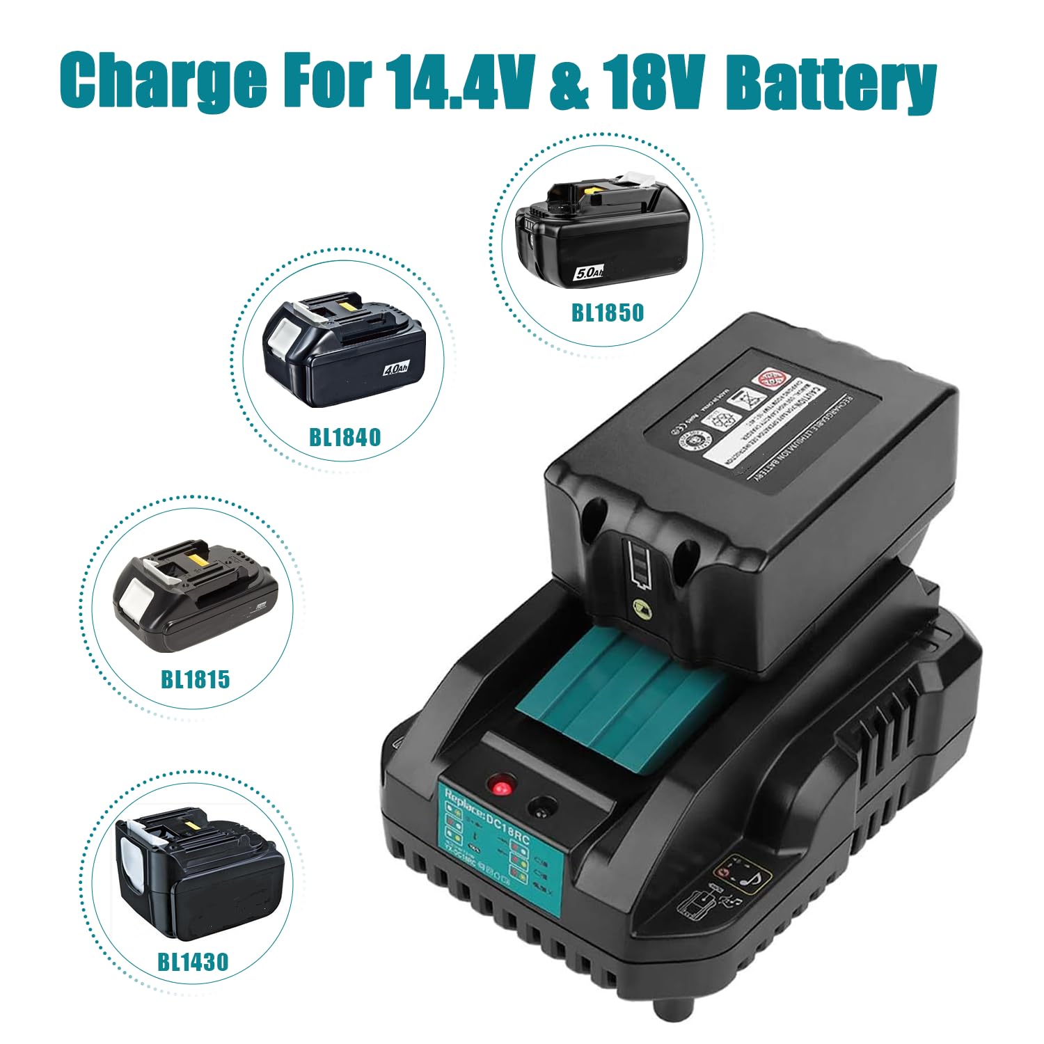 18V 5,0Ah Batería + Cargador para Makita 18V | Repuesto para cargador Makita de 18 V con batería BL1850 BL1840 BL1830 BL1820 BL1850B