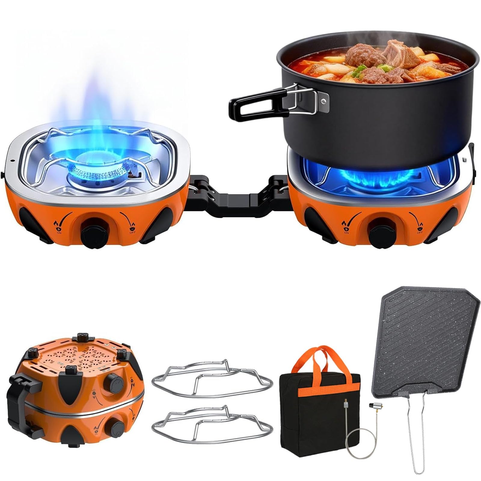 Estufa de camping portátil, diseño plegable de 2 quemadores, 20,000 BTU, quemadores ajustables para cocinar, ideal para acampar en coche, caravana, portón trasero, incluye bolsa de transporte