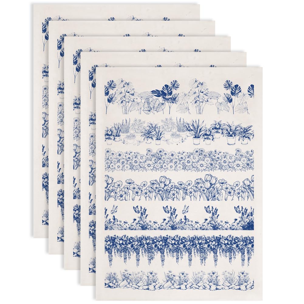 SUPERDANT 5PCS Ceramic Transfers Decals Plants and Flowers Underglaze Transfers for Pottery DIY Stickers Water Transfer Paper for Potteries Ceramics Vases Blue 52x37cm