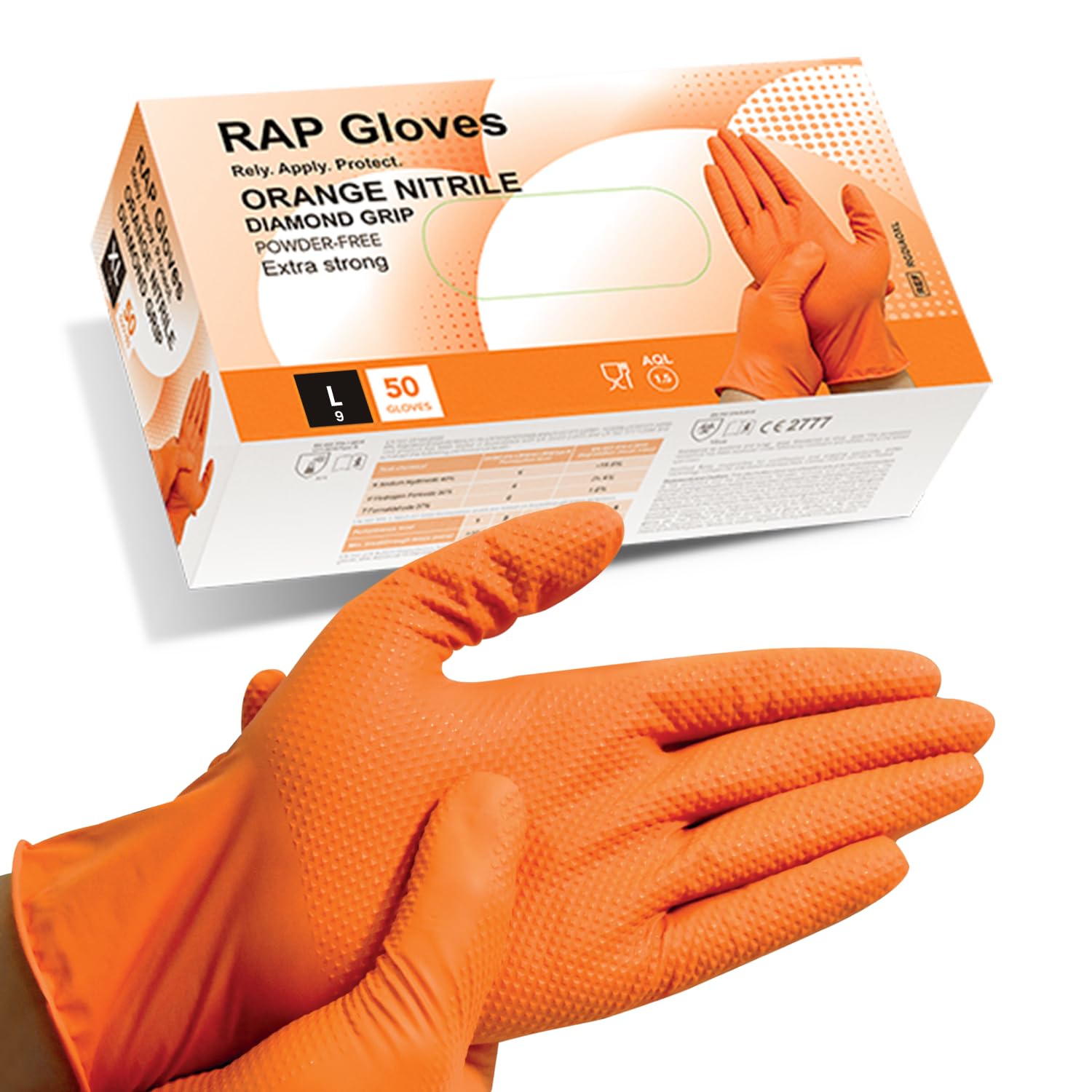 50 Orange Nitrile Disposable Gloves Large Heavy duty, Diamond Grip Gloves, Latex-Free, Powder-Free, Non-slip, Extra Thick – Ideal For Mechanics, Workshop, and Automotive use.