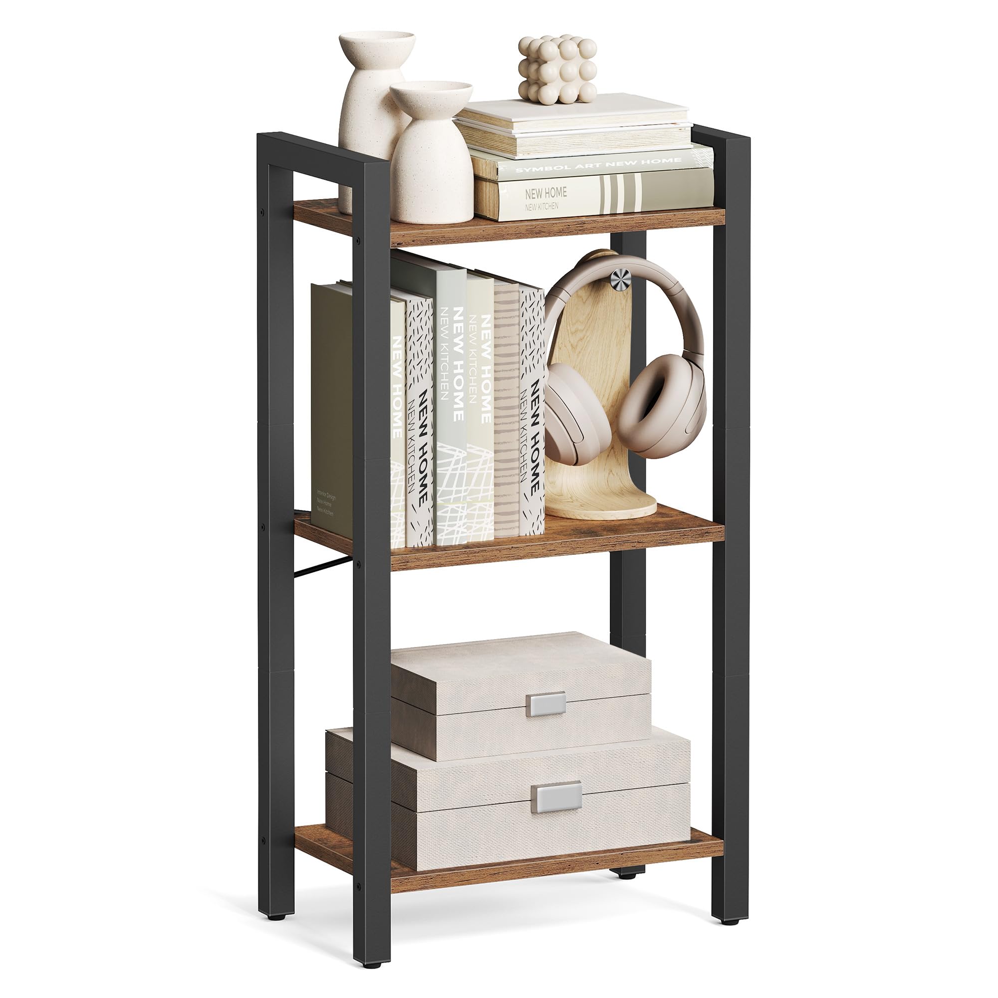 VASAGLE Regal, Bücherregal, Standregal, DVD-Regal, mit 3 Ebenen, Büroregal, offene Ablagen, für Büro, Wohnzimmer, Schlafzimmer, Küche, 24 x 40 x 76,4 cm, vintagebraun-tintenschwarz LLS098K02