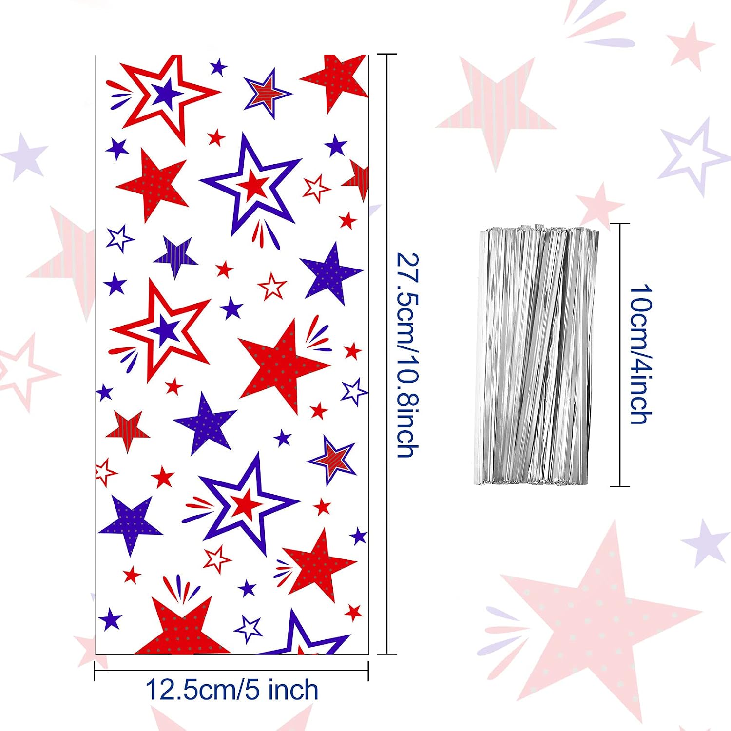 Outus 100 Pcs Patriotic Cellophane Treat Bag Bulk Memorial Day 4th of July Candy Goodie Gift Bag USA Red Blue Star Candy Plastic Cello with 100 Twist Tie for American Patriotic Party Supply Favor