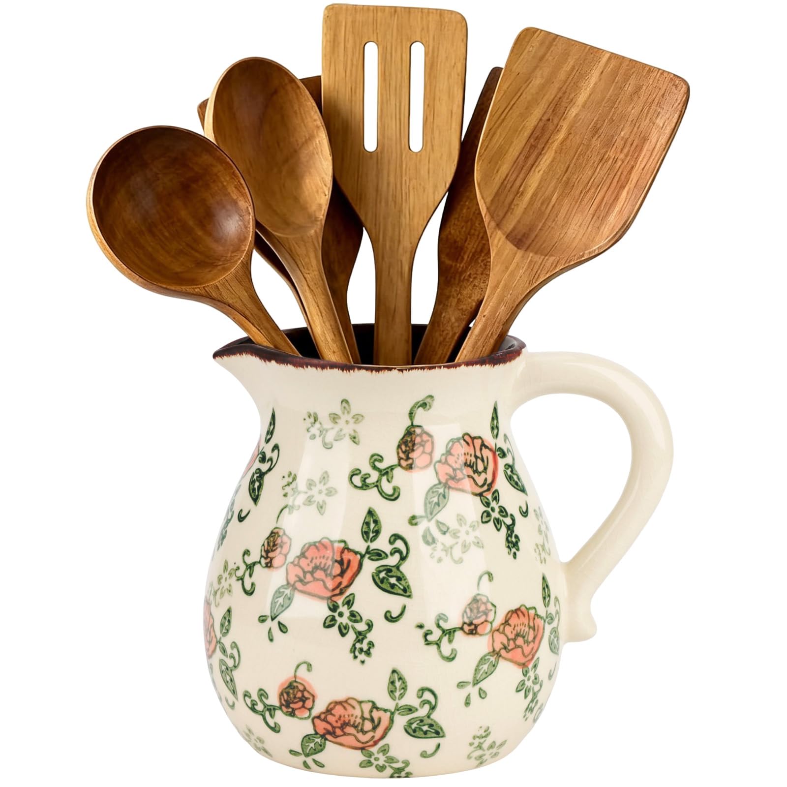Qivine Vintage Roses Ceramic Utensil Holder, Utensil Crock For Kitchen Counter, Ceramic Crock For Kitchen Utensils,