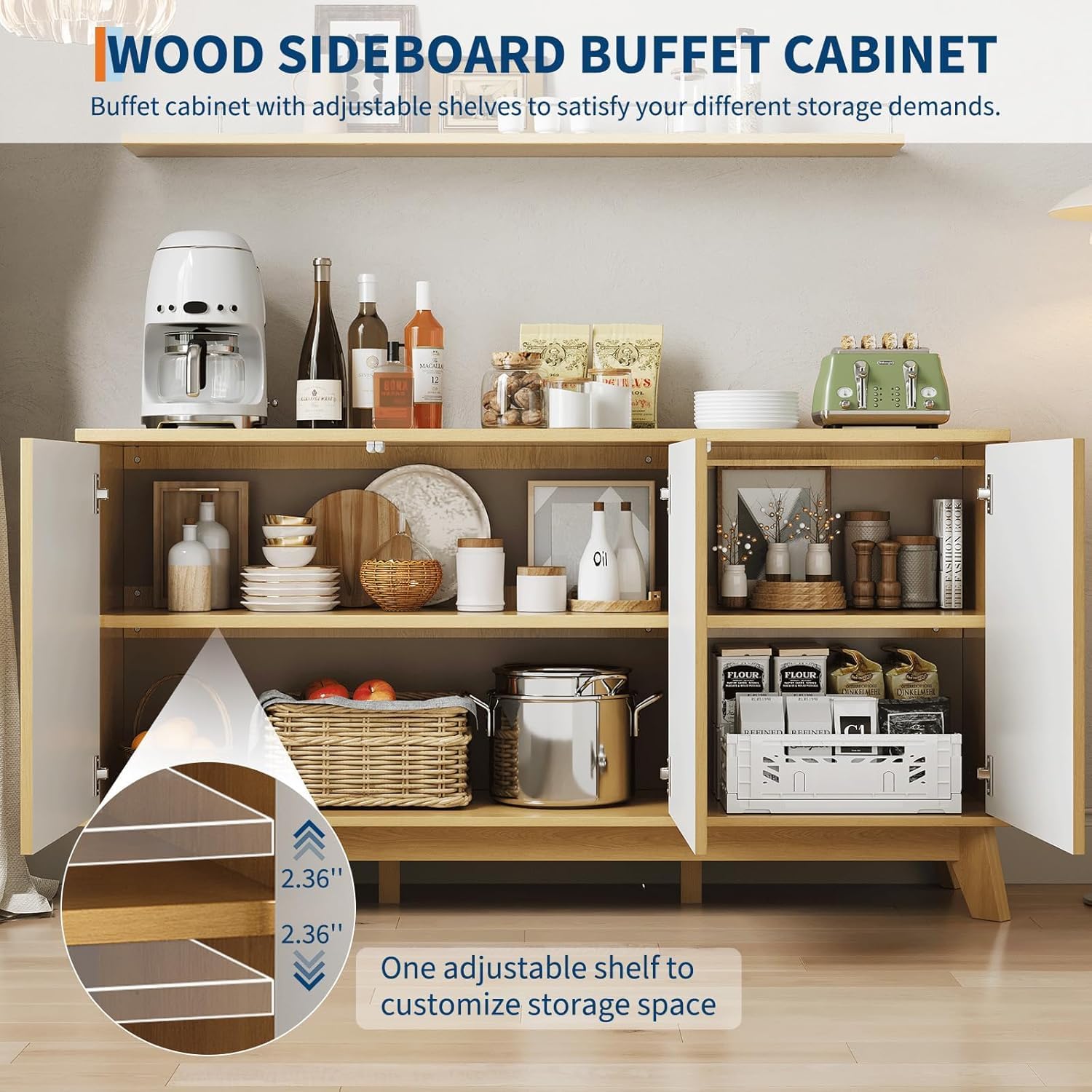 58" Modern Farmhouse Sideboard Buffet Cabinet with Curved Fluted Doors, 4 Doors & Adjustable Shelves, Wood Storage Buffet Console Table for Dining Room, Kitchen, Living Room, Coffee Bar - Image 5