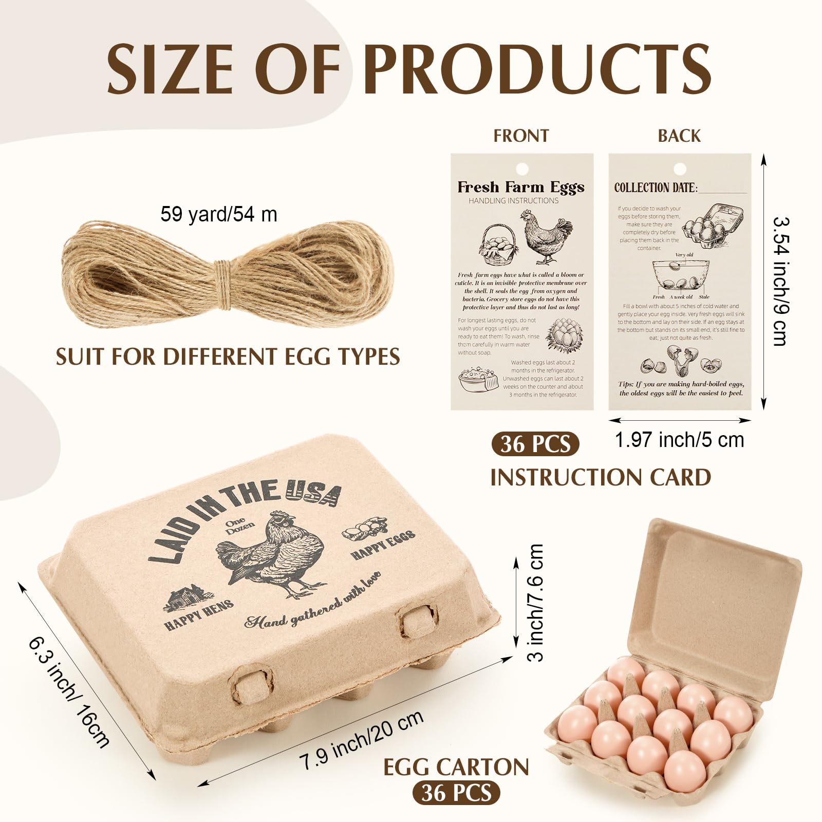 Maxdot Confezione da 36 cartoni per uova sfusi stile 3x4 per uova in cartone realizzati in pasta di carta con carte di istruzioni e corda di iuta, vassoio vuoto per uova per fattoria familiare