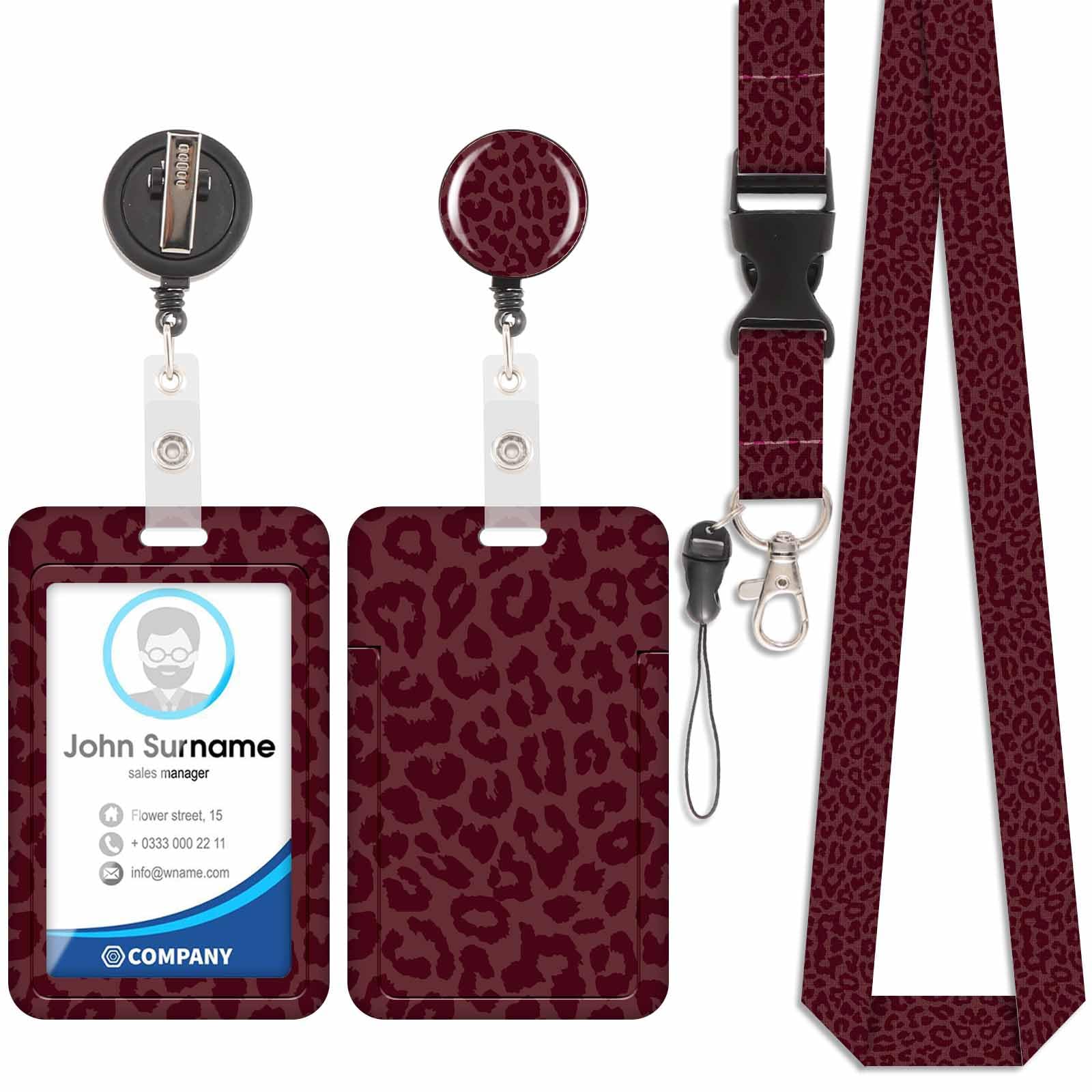 Badge Holder with Lanyard, ID Badge Holders with Detachable Cute Lanyard, Retractable badge Reel Carabiner Clip, Personalized Vertical Card Cover Case Protector for Nurse Teacher Student (Leopard-Red)