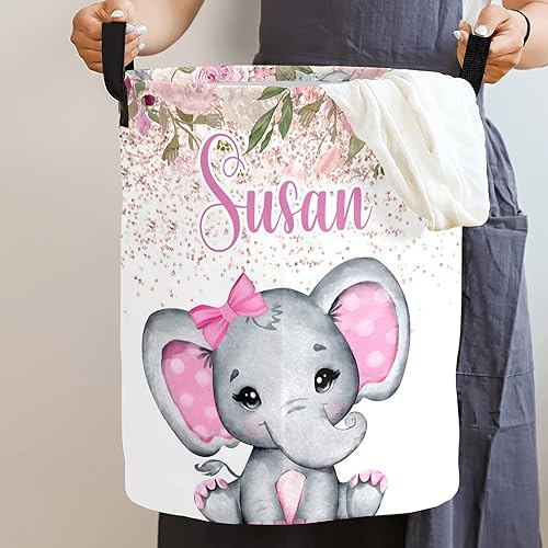 Miniatura 2 de Cesta de lavandería con diseño de elefante rosa, con diseño de flores y acuarelas, con nombre, organizador de asa, organizador de almacenamiento,