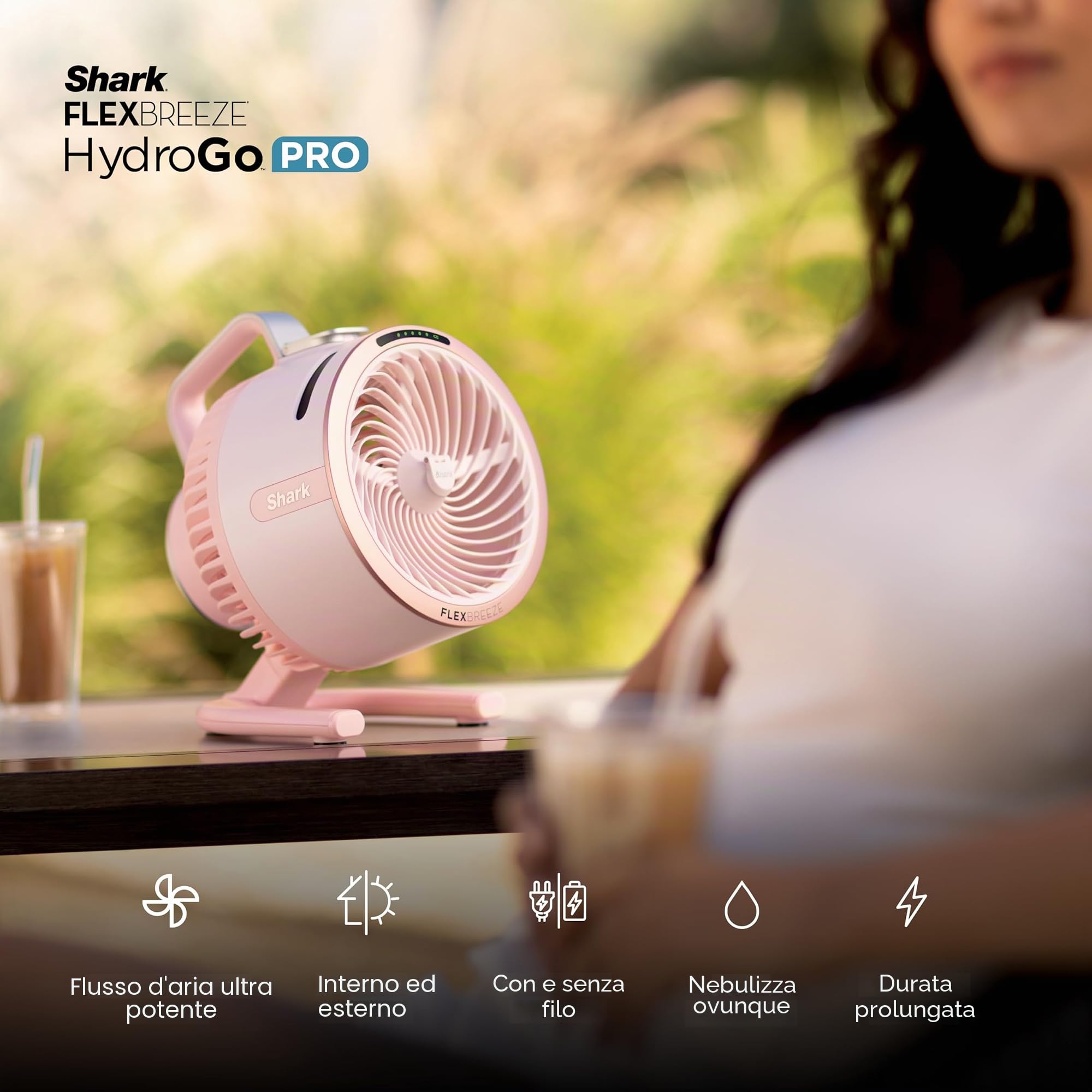 Ventola Shark FlexBreeze HydroGo Pro, potente ventilatore portatile, per interni ed esterni, nebulizzazione evaporativa a secco con filo e cordless, 5 velocità, autonomia prolungata della batteria