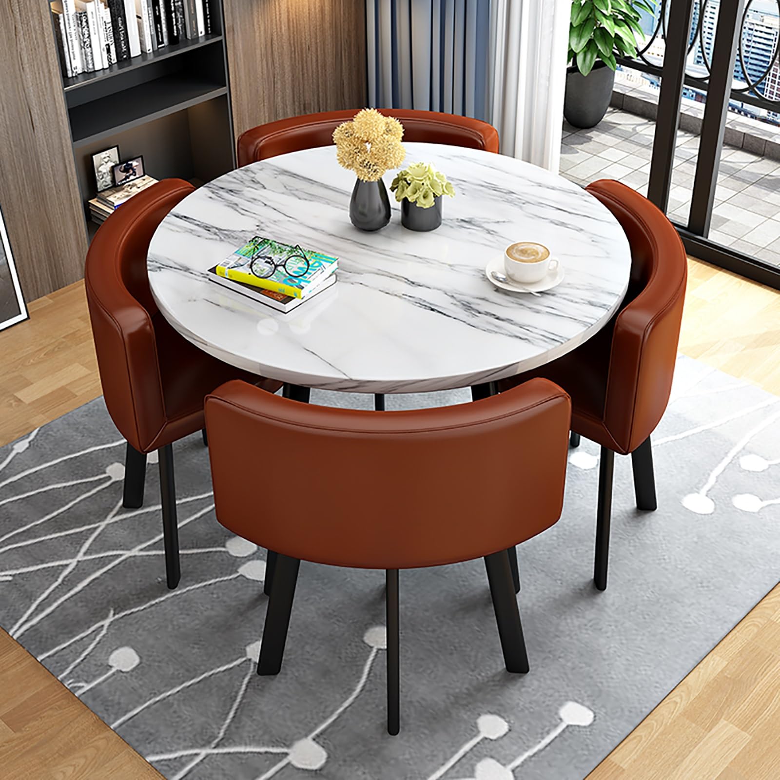 Round Dining Table Set for 4 with Marble Top and Chairs Office Reception Desk and Chair Set Suitable for Lounge Living Room Modern Furniture Dining Set,Coffee 1-Round-Cortex