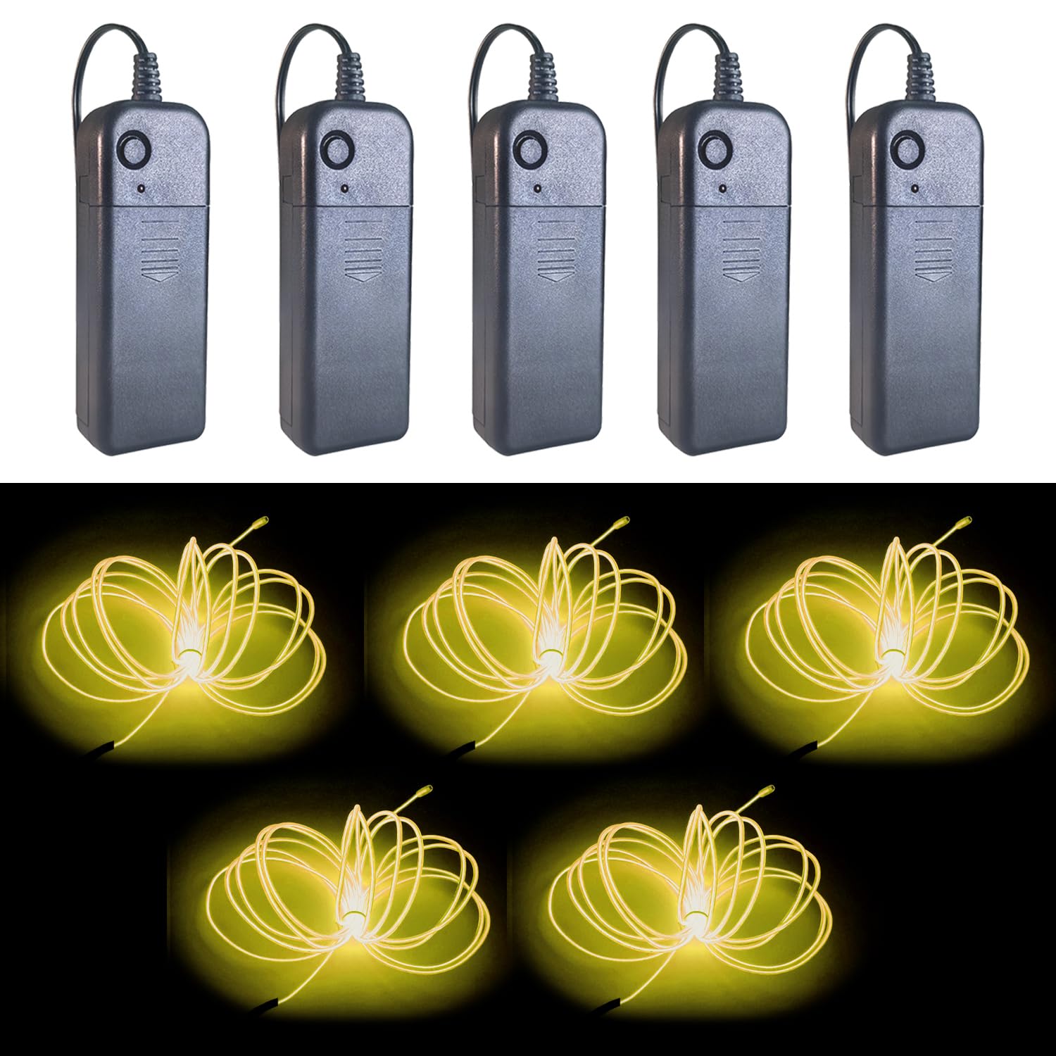 Gcidto EL Wire 5-Colour Pack, 9ft（2.75m） Neon Light Wire 5‑Pack with Noise Reduction & Controller Pack for Halloween Décor & DIY. (Yellow)