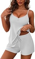 Ekouaer Women's Sleeveless V-Neck Cami & Drawstring Shorts PJ Set - Stretchy Lounge Sleepwear Lingerie 2 Piece
