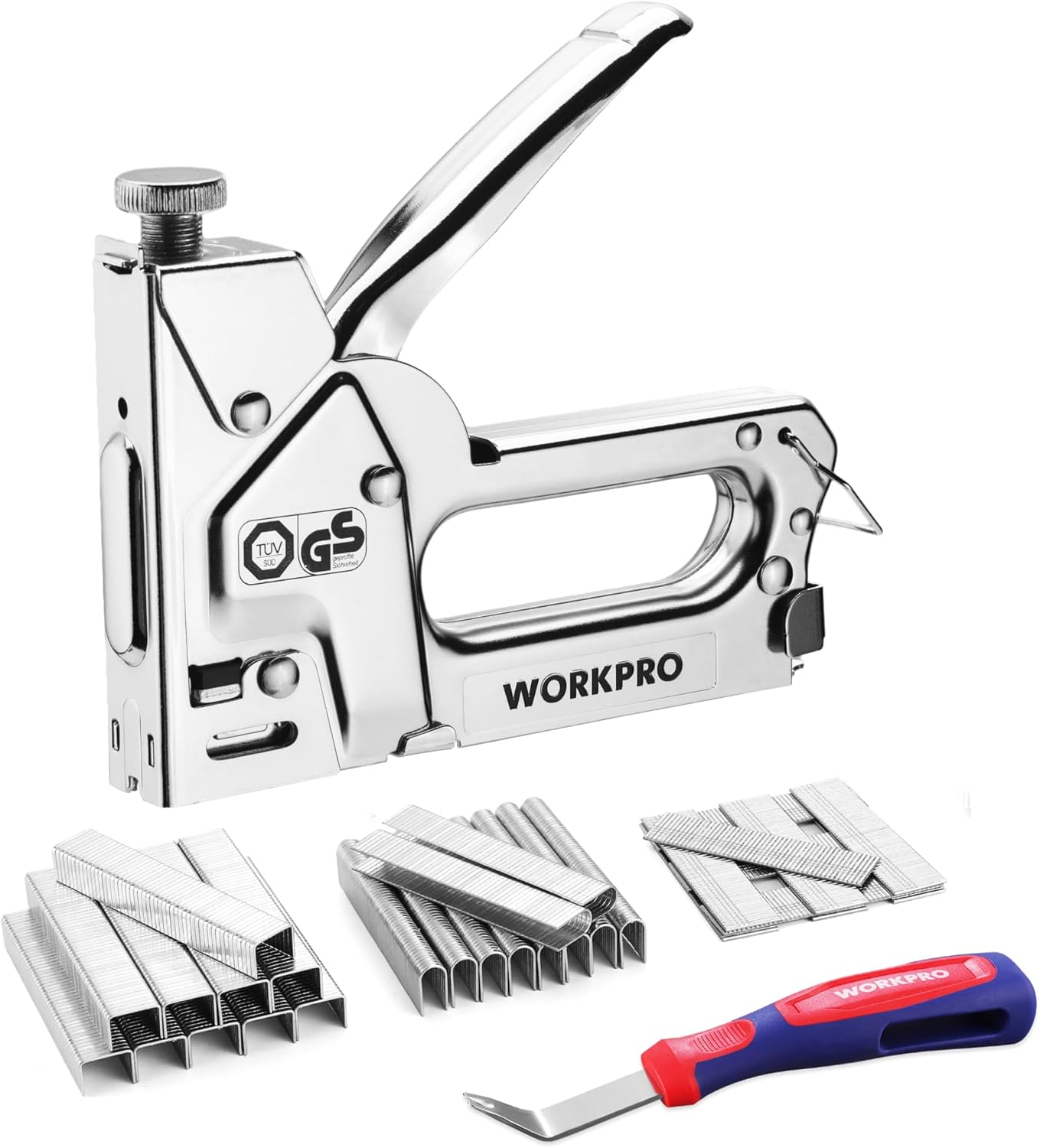 WORKPRO 3-in-1 Heavy Duty Upholstery Staple Gun with Adjustable Power, 3000 Staples & Remover - Brad Nailer for DIY Woodworking Furniture