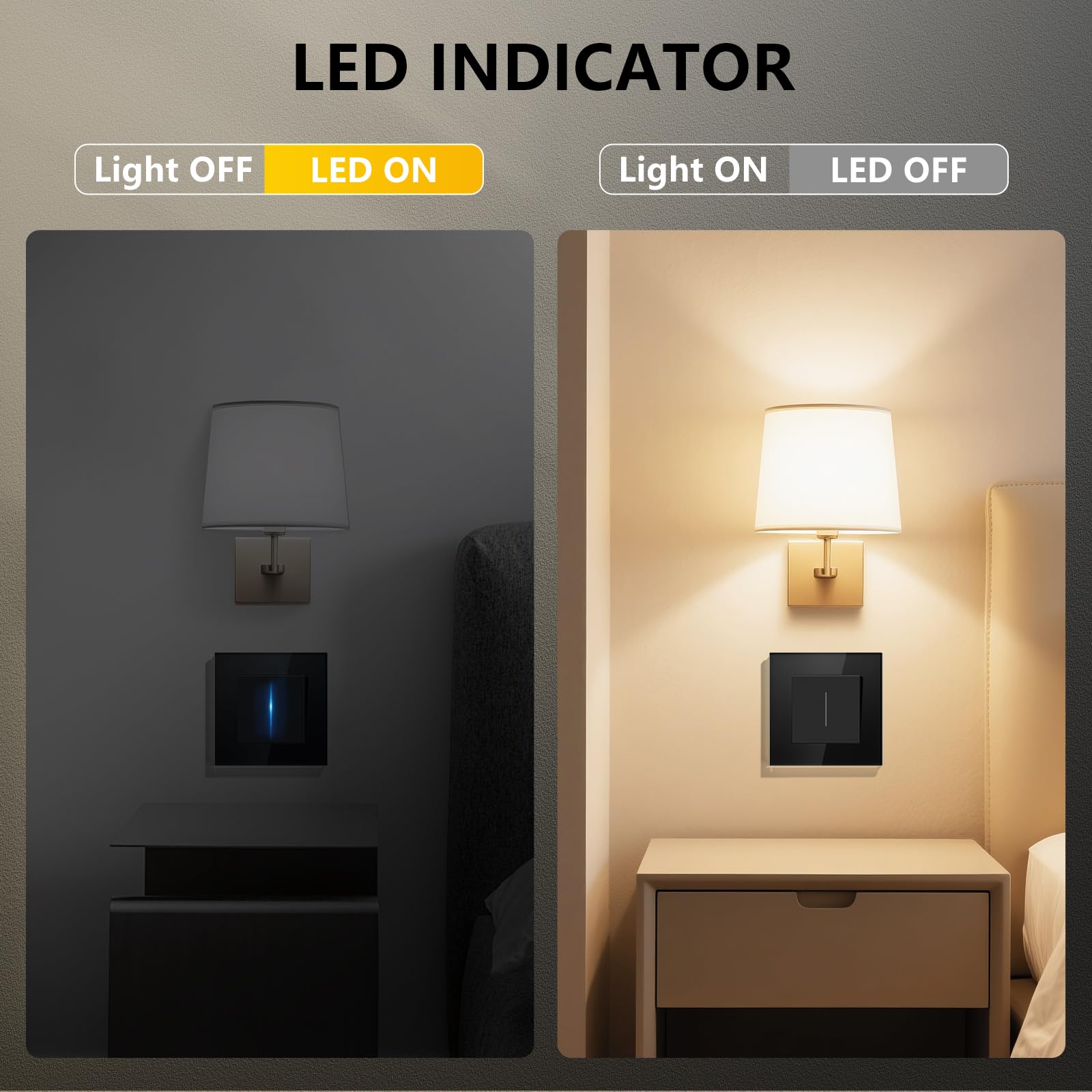 Interrupteur Mural 1 Gang 1 Voie 86x86mm Noir avec Indicateur LED Cadre Verre