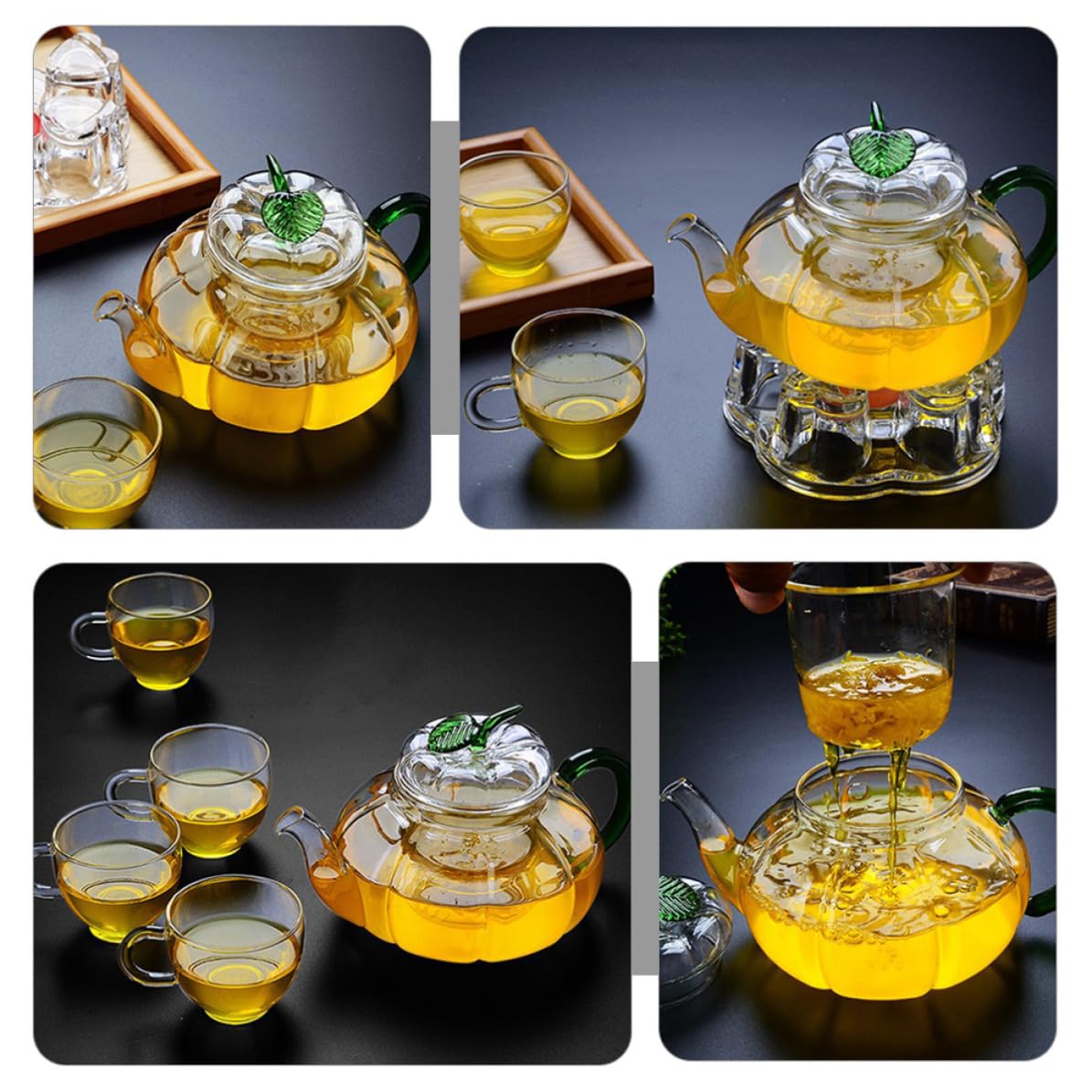 Abaodam 3 Stück Hitzebeständige Glas Teekanne 600ml mit Bequemem Griff und Grünem Design für Zuhause und Professionelle Teehäuser