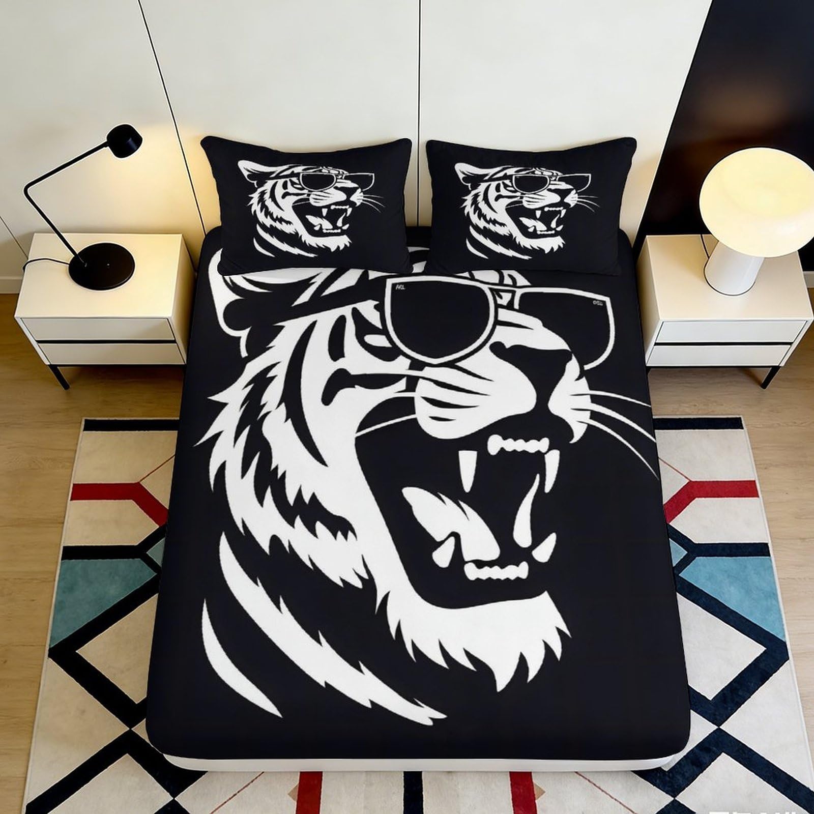 Pnayamiorkfel Style-7 3D Printed Tiger Sunglasses Fitted Sheet Microfiber Black White Bed Cover For Bedroom Guest Room Mattress Decor 90X200x25cm