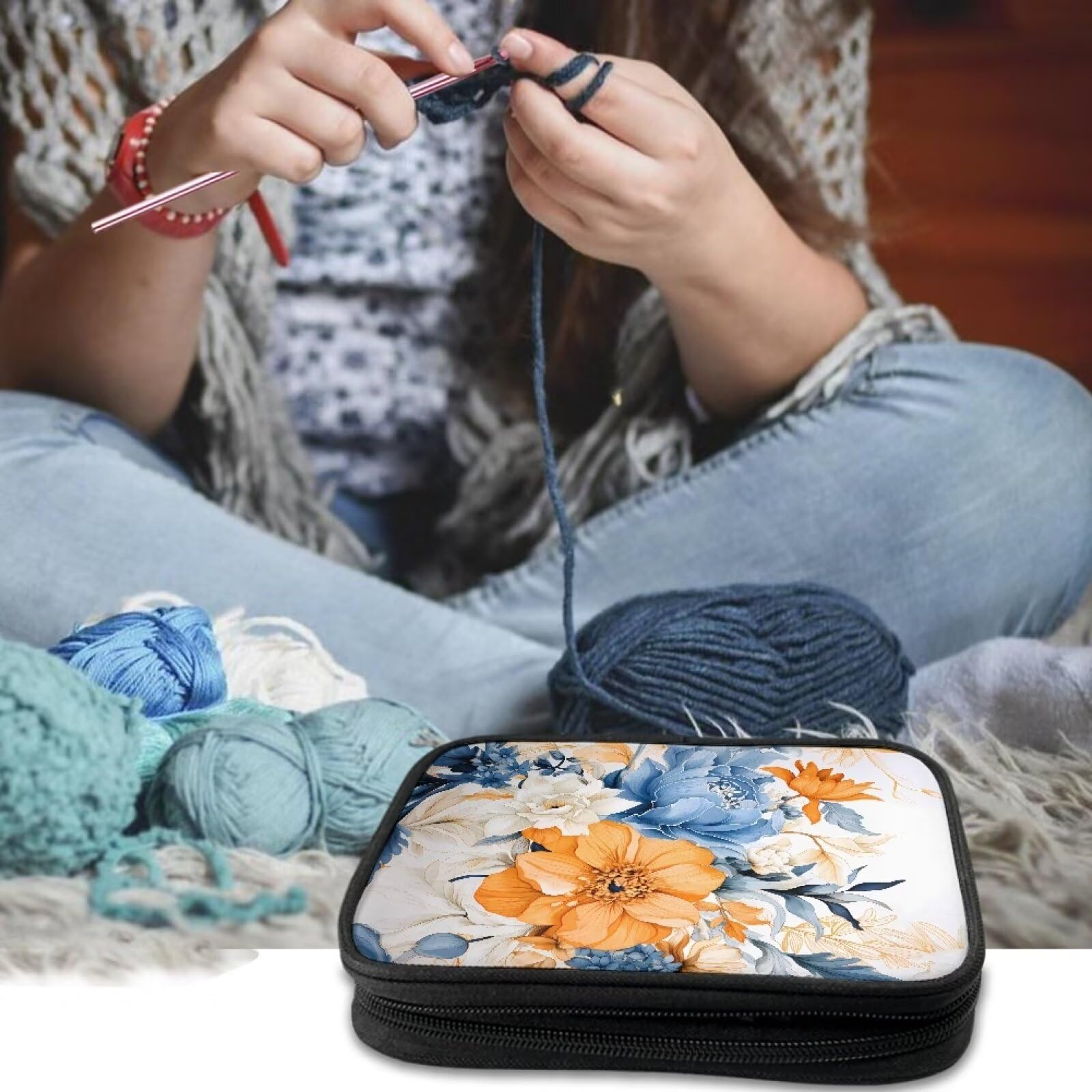 Yuresuaet Flower Crochet Hook Organizer Storage Bag Lightweight Easy to Hold Portable Crochet Needle Case Stylish Crochet Hook Case for Various Crochet Needles and Knitting Accessories Holiday Gifts
