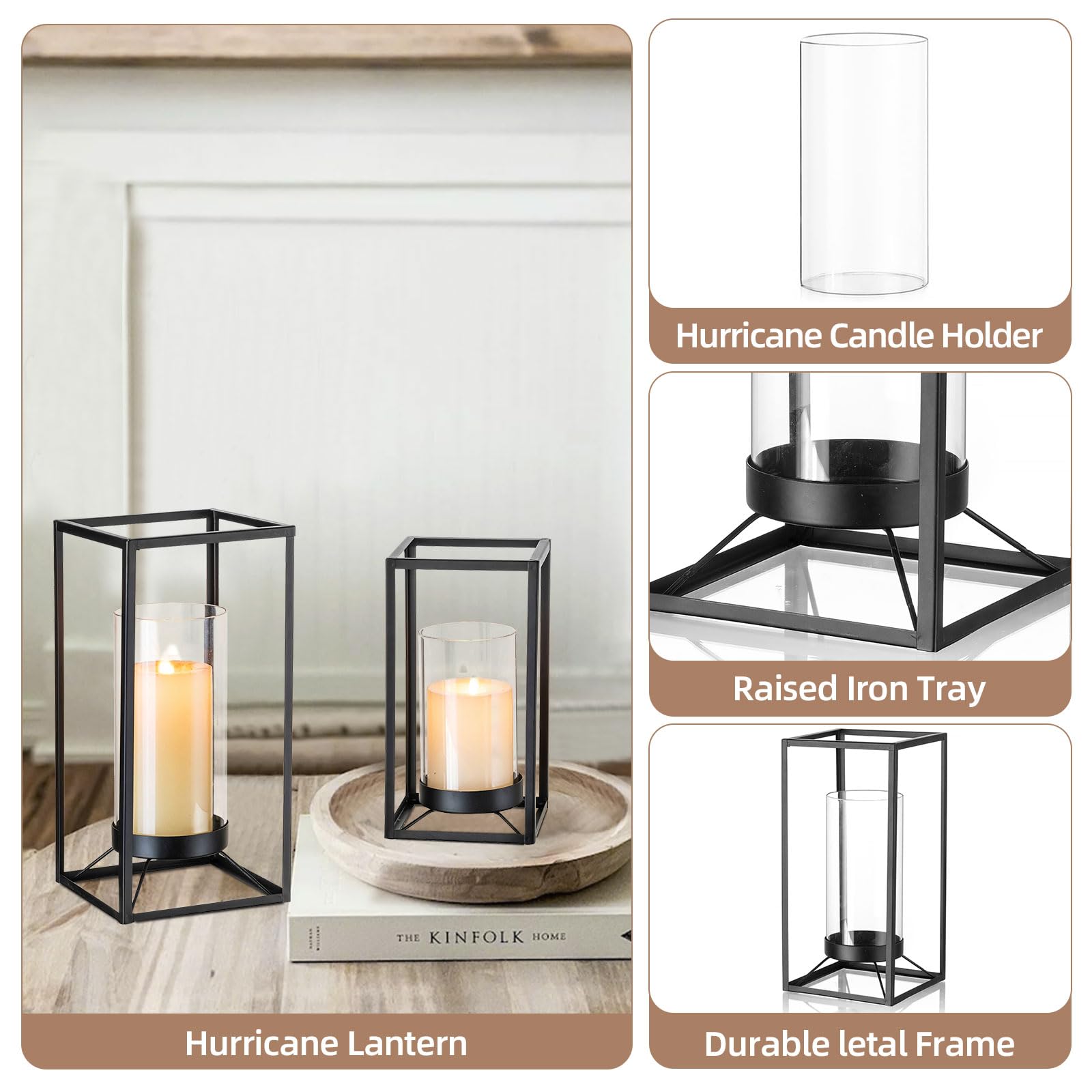 Staymoment Black Metal Lantern Decorative Set of 2 with Hurricane Glass, Indoor Modern Farmhouse Candle Holder Hanging Lanterns for Table Centerpiece Fireplace Mantles Shelf, 12