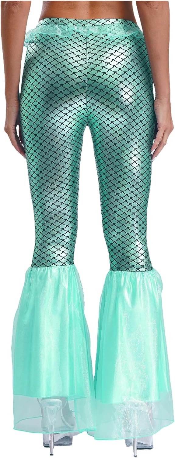 Women's Mermaid Cosplay Trousers Organza Bell-Bottom Fish Scale Print Metallic Pants