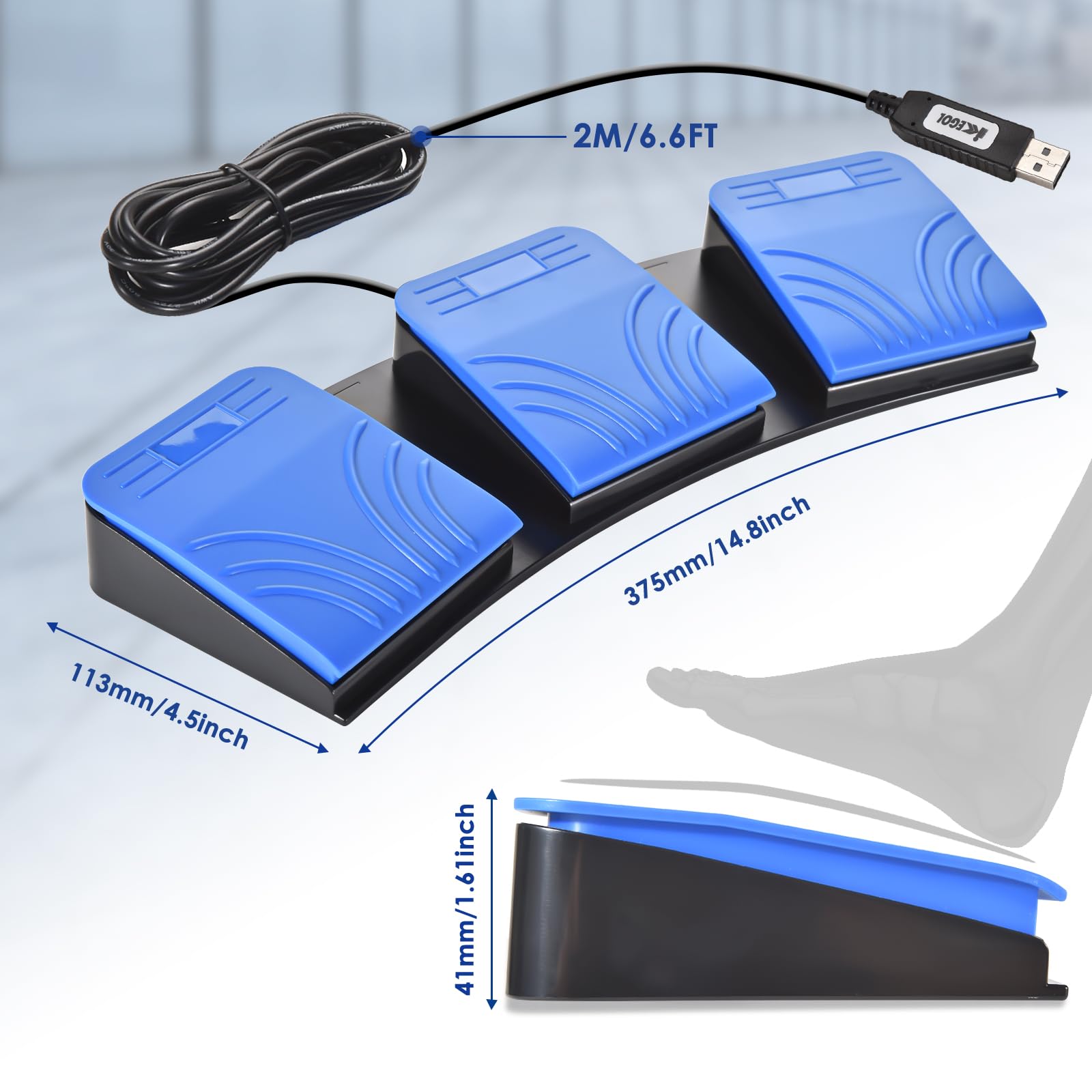 iKKEGOL Pedal de triple pie USB mejorado interruptor óptico control 3 teclas programa de tres botones teclado de computadora ratón juego acción HID azul (triple pedal)