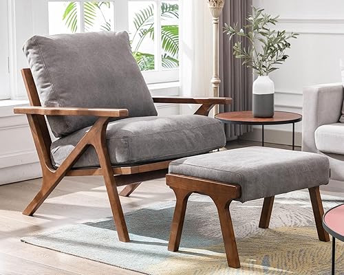 Miniatura 6 de Silla decorativa moderna de mediados de siglo con otomana, juego de sillón tapizado de lino de granja y otomano, silla de descanso retro de 23