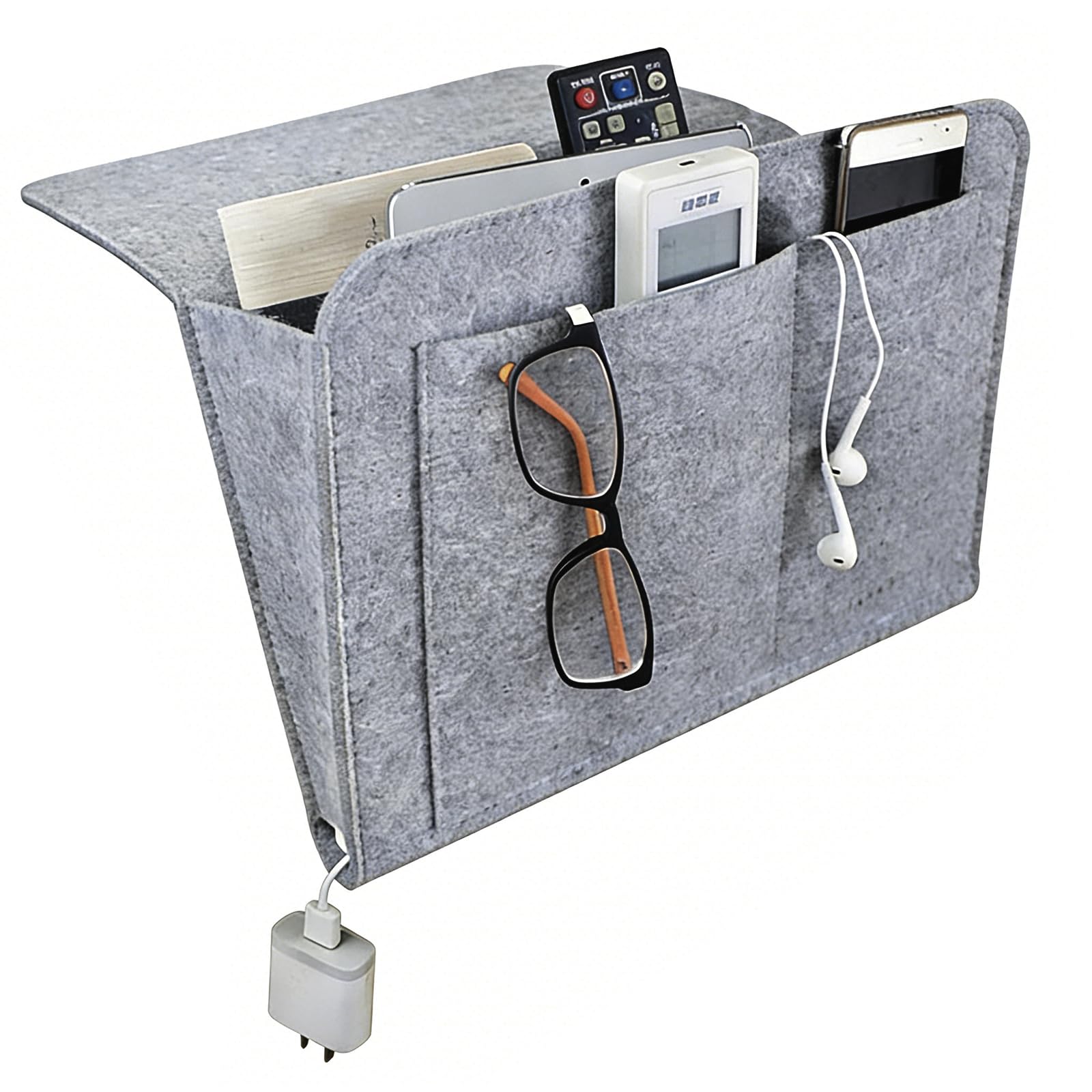 HhBdy Felt Hanging Bag with 5 Compartments Bed Felt Bed Organizer for Newspapers, Glasses, Smartphone (Light Grey)