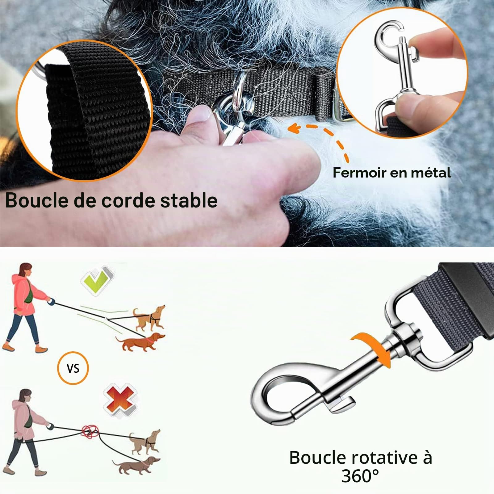 Double Laisse pour Chien, Laisse de Dressage Réglable, Séparateur de Laisses pour Deux Chiens pour Animaux de Compagnie Laisse de Chien Double, Aucun embrouillement