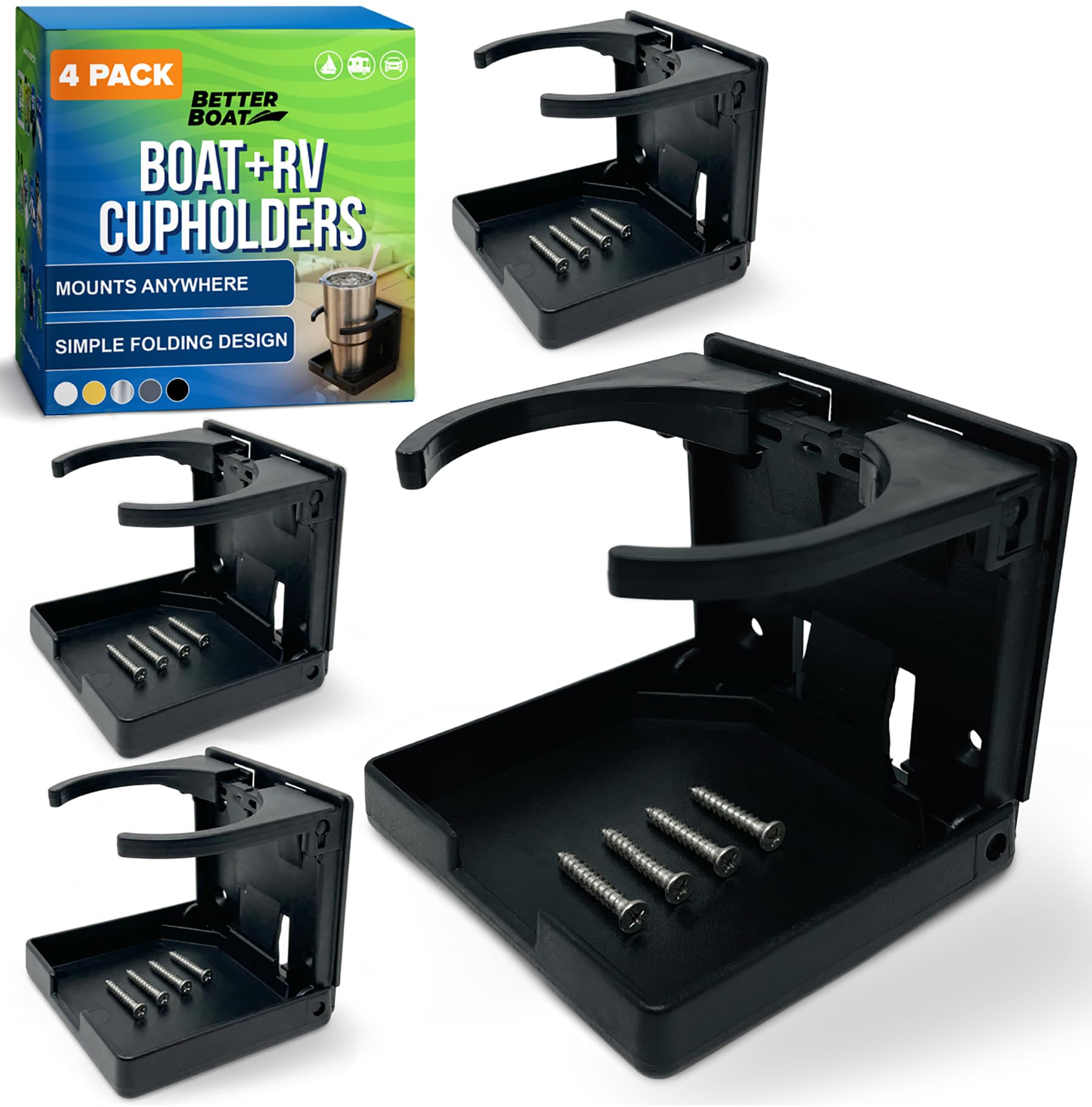 Boat Cup Holder 4 Pack Folding Drink Holders Wall Mount for Boat RV Pontoon Motorhome, Weather Resistant Black Marine Cup Holders - Better Boat