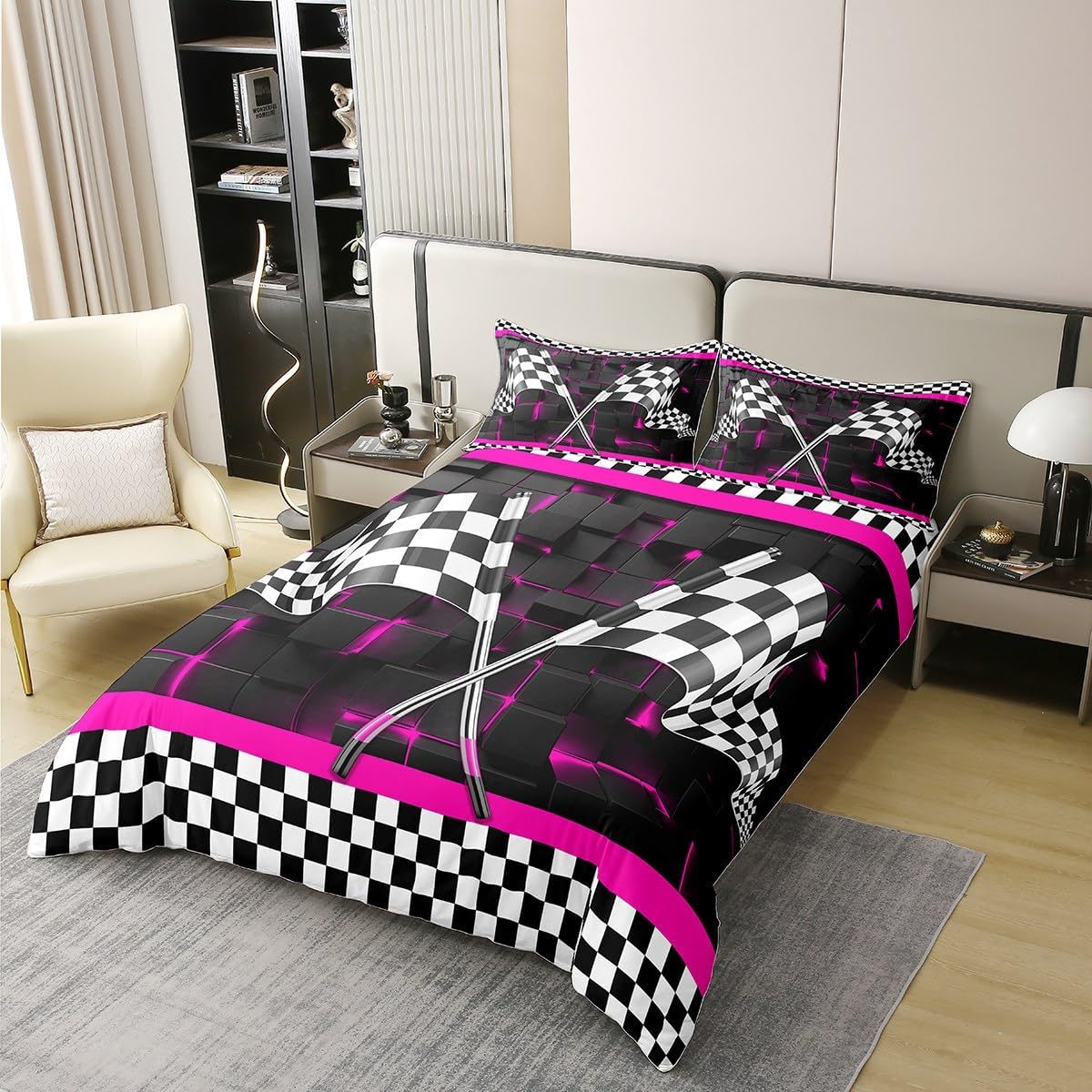 Erosebridal 100% Cotton Full Race Car Bed for Boys,Racing Car Flag Duvet Cover for Teens Adult,Pink Neon Lights Glowing Plaid Grid Quilt Cover,3D Checkered Black White Comforter Cover