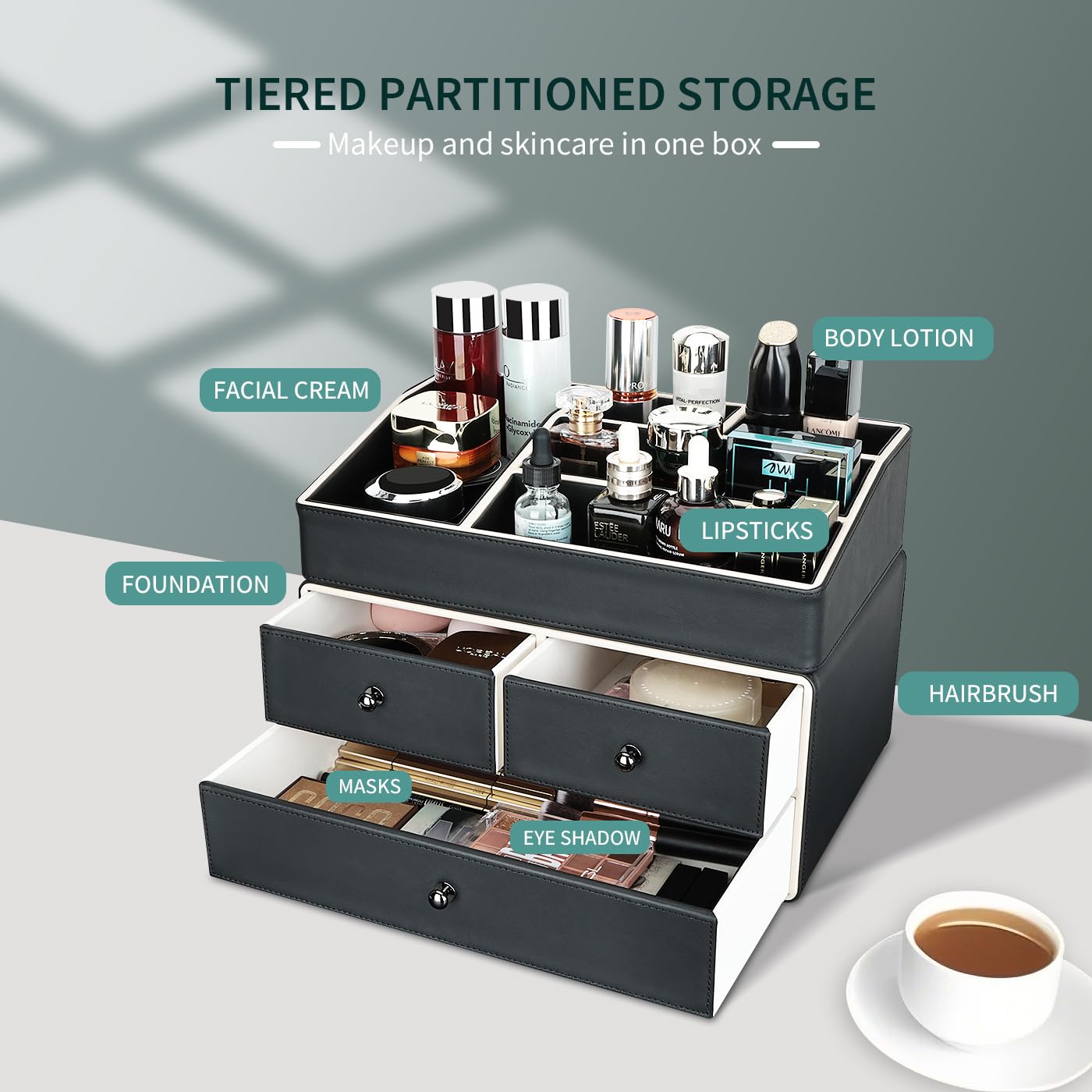 KINGFOM Make-up-Organizer, Kosmetik-Organizer mit 3 Schubladen und 5 Fächern, Make-up-Organizer (schwarz)
