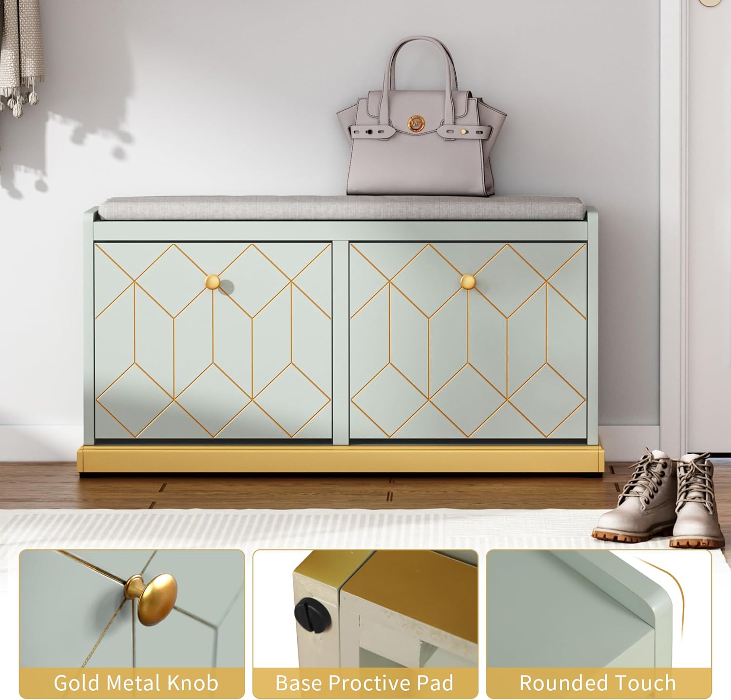 HLR Shoe Bench with Storage, Modern Entryway Bench with 2 Flip Drawer & Padded Cushion Seat, Shoes Storage Bench for Hallway, Closet, Living Room, Green Shoe Storage Cabinet with Bench