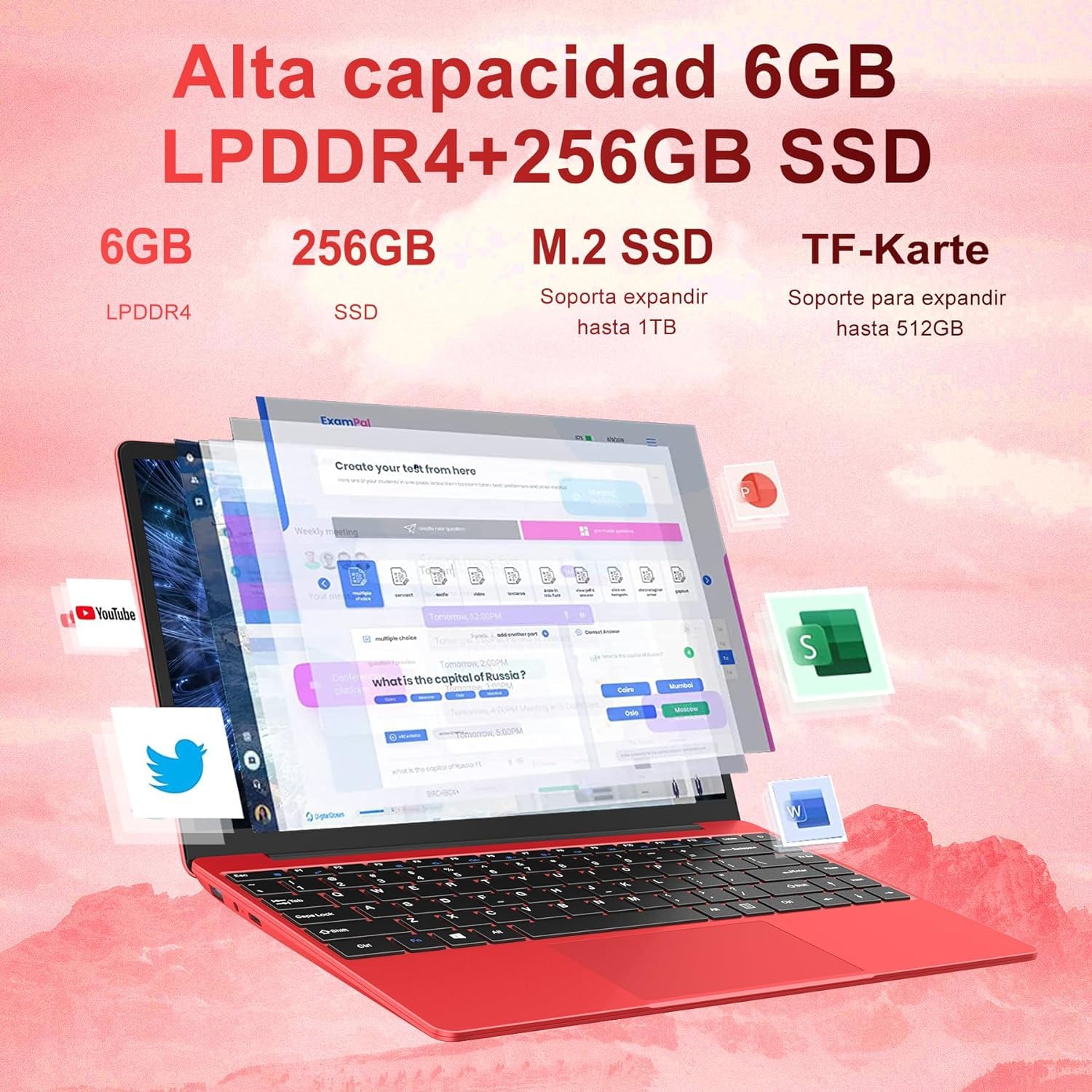 bvate Ordenador Portátil 14",6GB+128GB SSD Celeron N4020(hasta 2.8Ghz) Win 10 PC 1080P FHD WiFi 5G BT 4.2 Soporta 1TB SSD Expansión con Ratón Inalámbrico para Trabajo-Estudio-Aprendizaje, USBx 2-Rojo