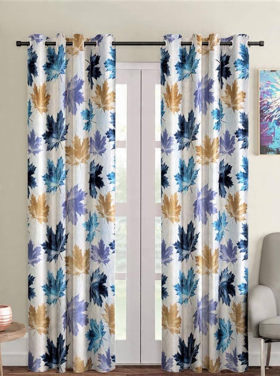 HUTI Home Semi Transparent Door Curtains for Home | Soft Polyester Leaf Print Eyelet Curtains | Blue | 7 Feet (120 × 213 cm) | Set of 2-image-7