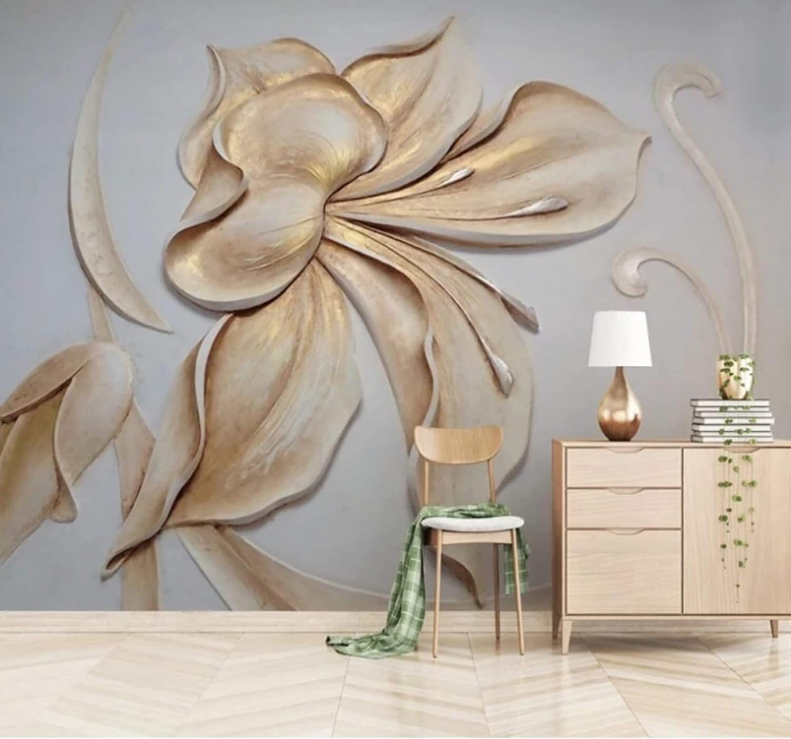 XLMING Relief Minimalist Creative Gold Lily 3D Wallpaper Luxury Silk Study Dining Feature Sofa Grey Bedroom Living Room Tv Decorative Wall-350cm×256cm