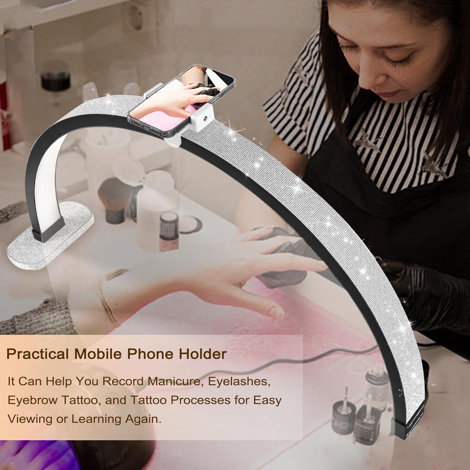 30in Half Moon Light for Nail Desk, Touch Control With Phone Holder, Adjustable Brightness and Color Temperature
