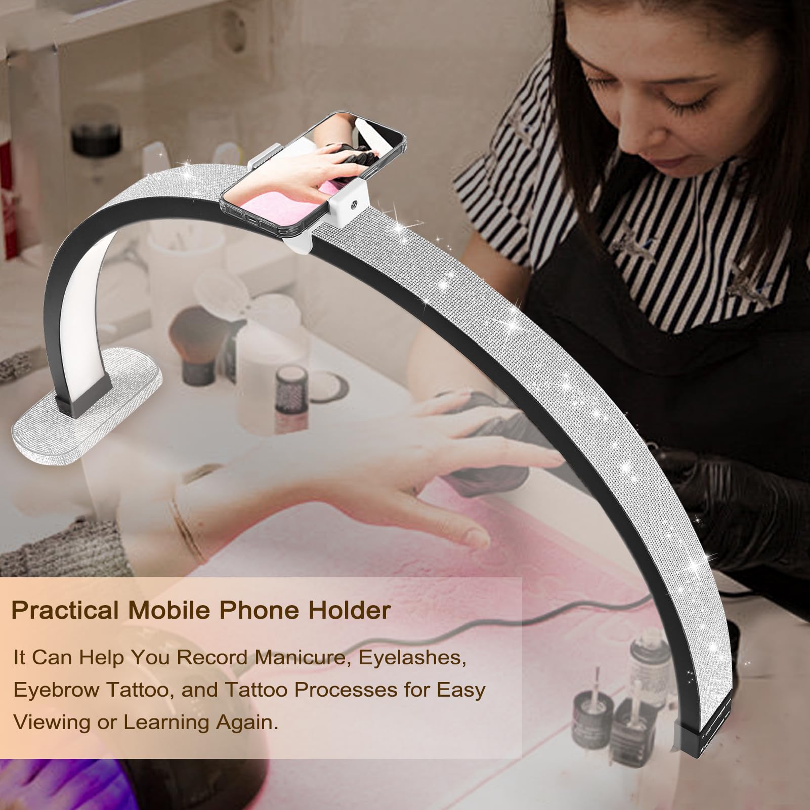 Luce a mezza luna per scrivania per unghie, lampada da tavolo a LED a mezza luna con strass lucidi per estetisti, nail tech, cosmetista, lampada per ciglia con regolazione touch e regolazione