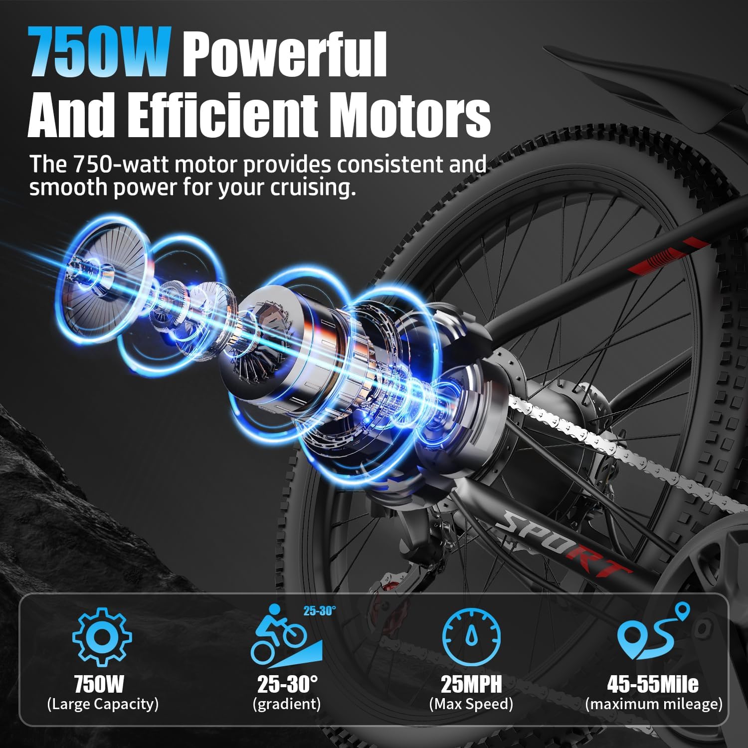 Diagram showing the internal components of a 750W peak electric motor integrated into the rear wheel hub of the AZHAR Electric Mountain Bike.