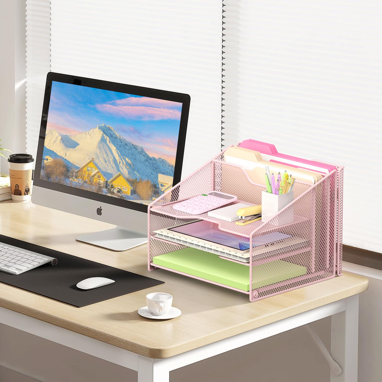 Samstar Pink Desk File Organizer, Mesh Letter File Folder Holder with 3 Paper Trays and 2 Vertical Upright Section, for Office Supplies, Desk Accessories & Workspace, Pink view 4