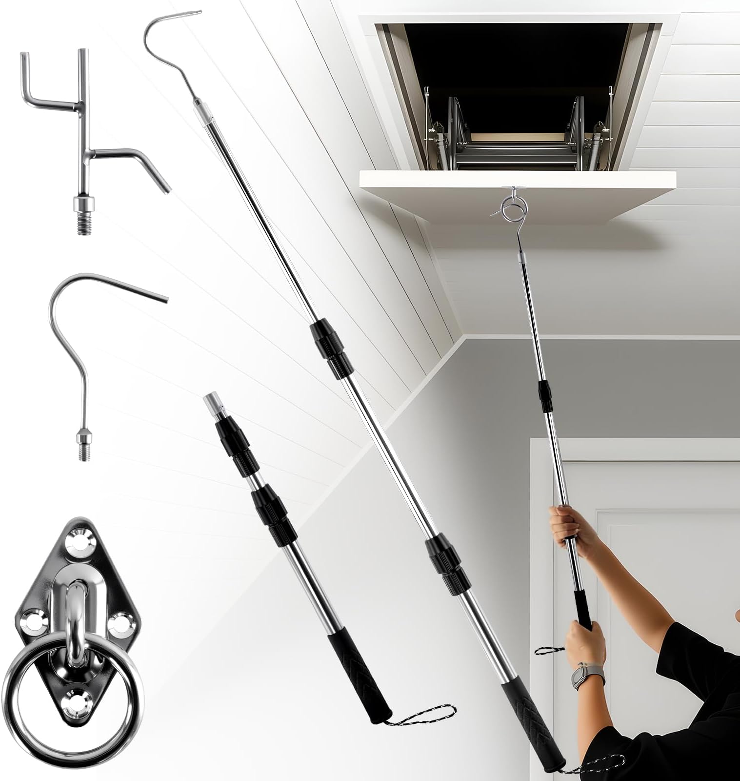 Attic Pull Down Hook, Extendable Attic Pull Rod, Attic Ladder Pull Down System Kit Contains One 40-Inch Telescopic Pole, A Heavy-Duty Fixed Ring, Two Hooks