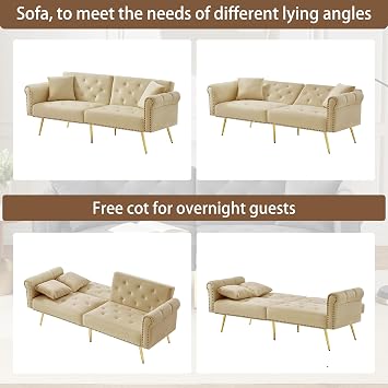 BTM Modern 2 Seater Sofa Bed Velvet Convertible Folding Sofa Bed Double for Small Spaces Sleeper Couch for Living Room Beige