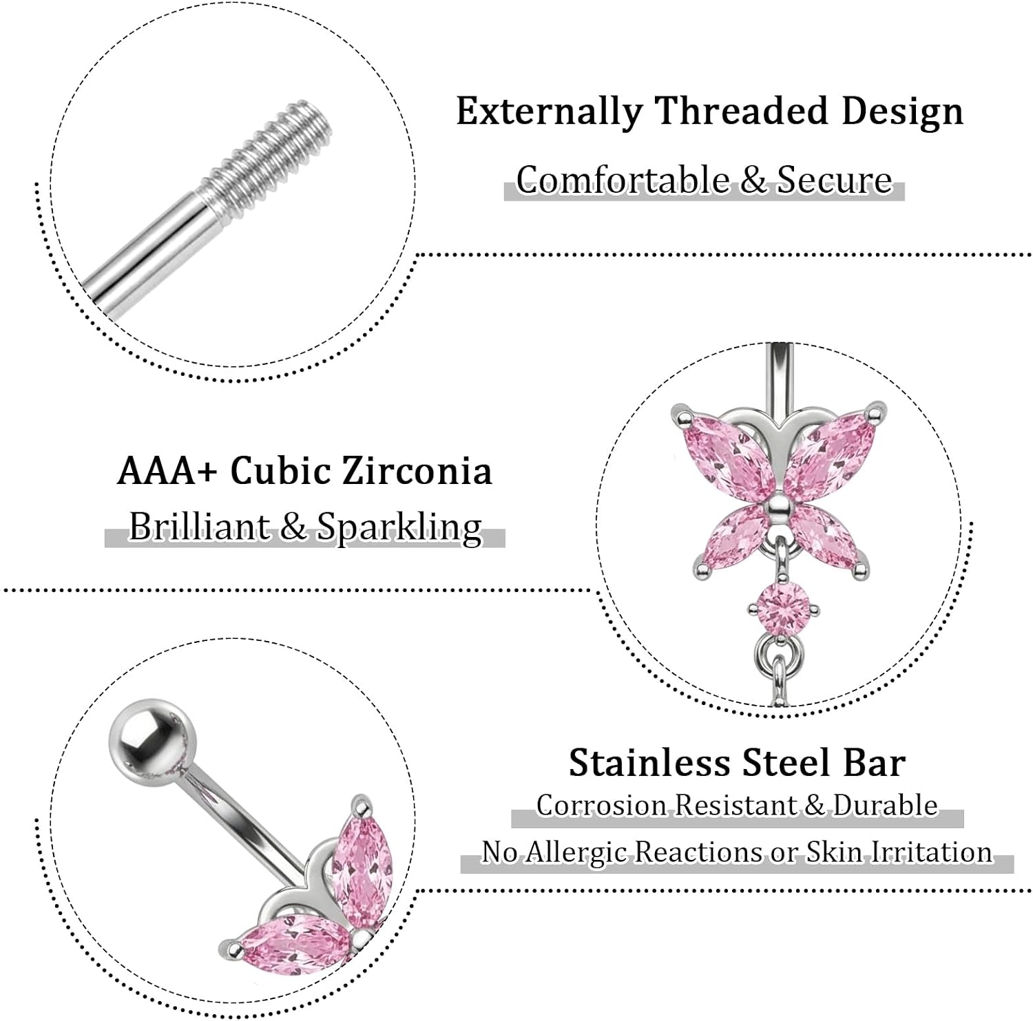 Belly Button Rings for Women Cute Dangle Navel Piercing Jewelry with CZ Bow Butterfly Heart Flower Dainty Stainless Steel Belly Button Piercing for Beach Festival Daily (Pink)
